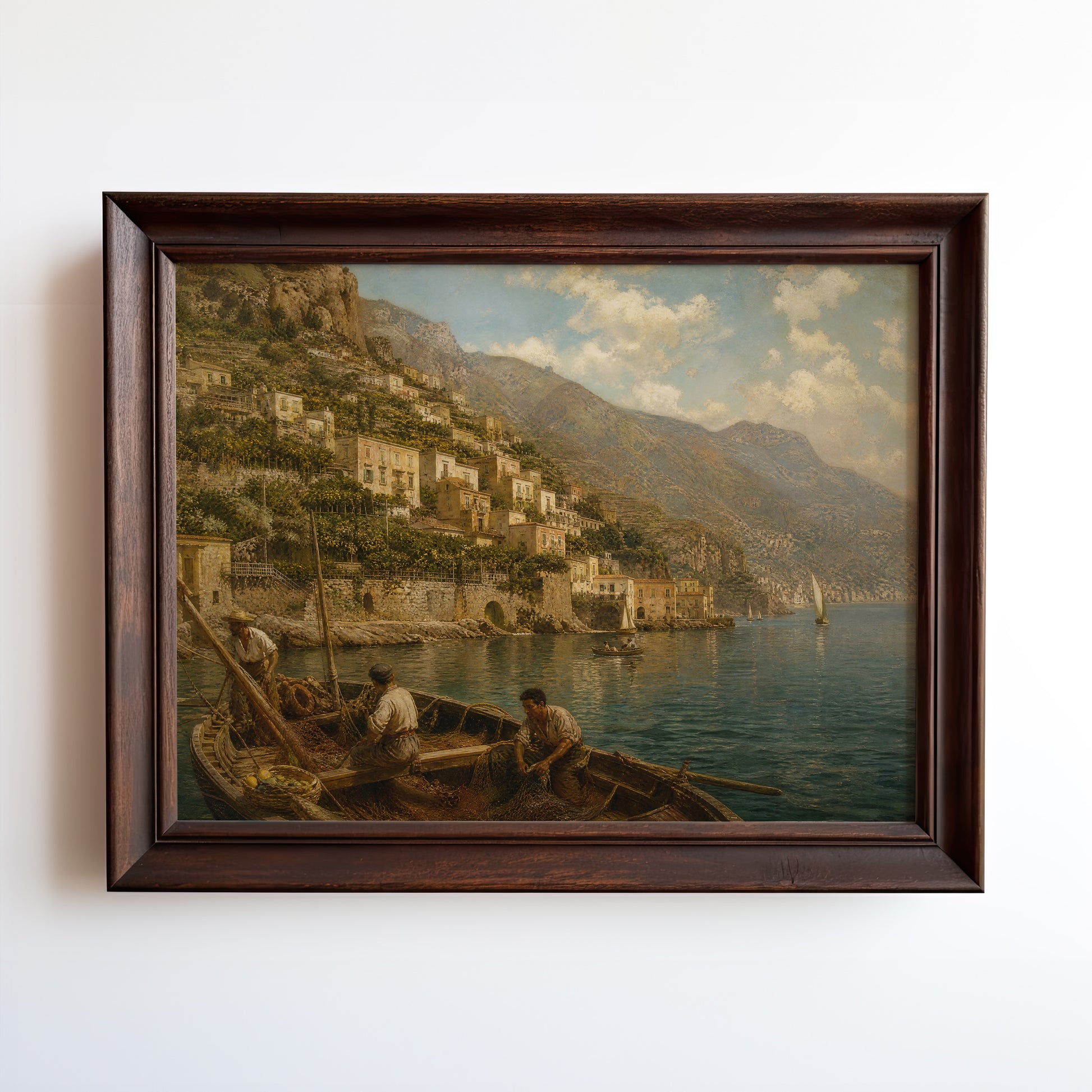 Oil painting of a Mediterranean cliffside fishing village with terracotta rooftops and boats