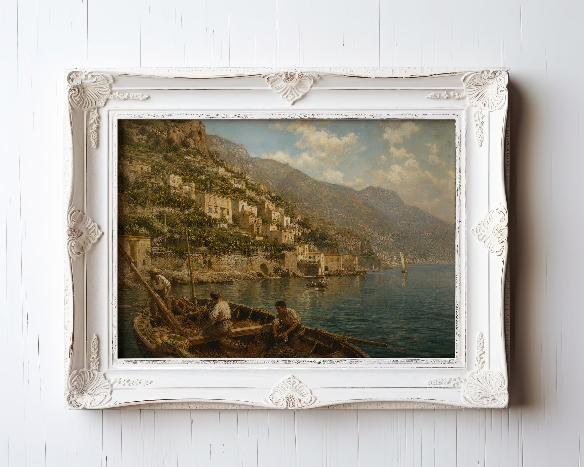 Oil painting of a Mediterranean cliffside fishing village with terracotta rooftops and boats — view 3