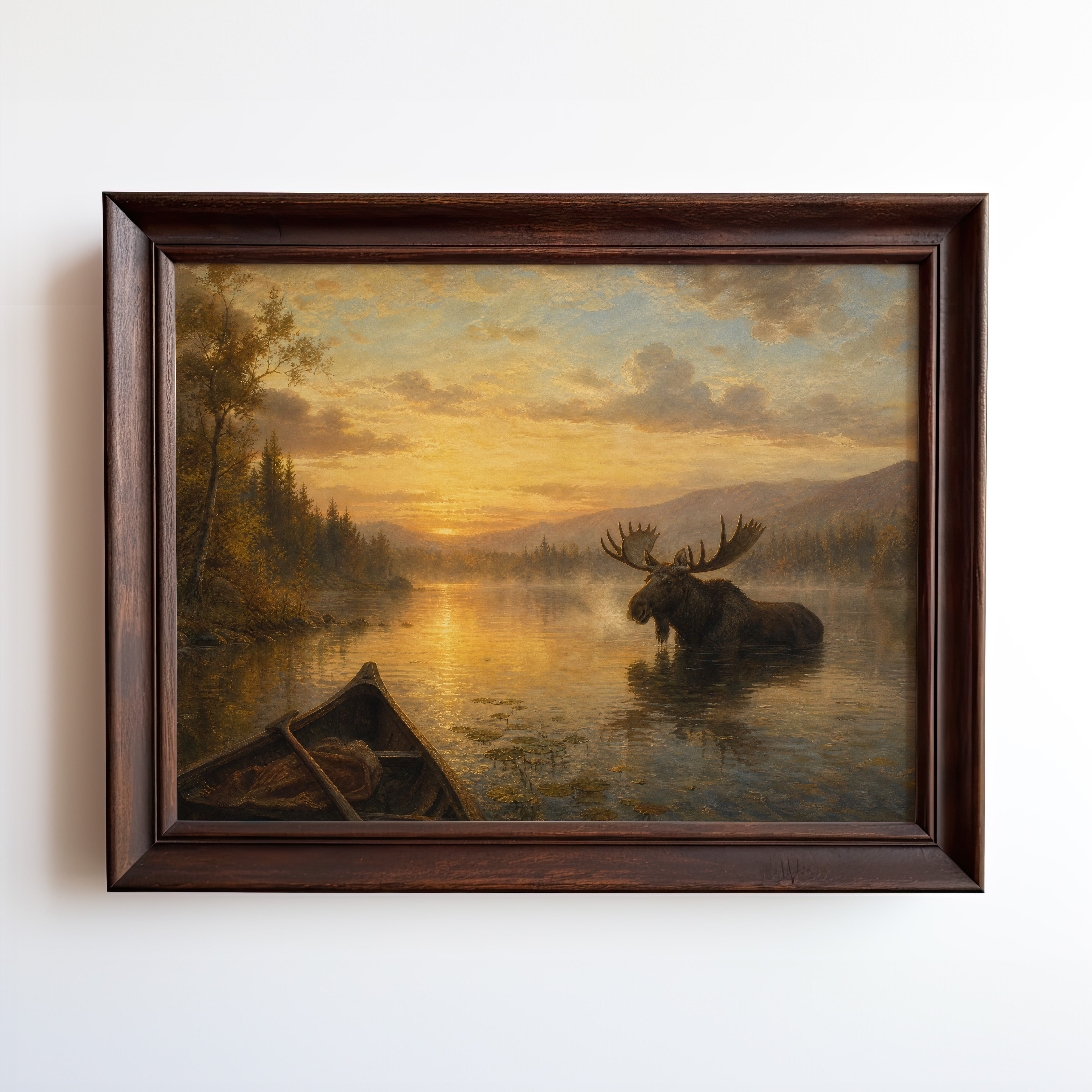 Moose wading in golden misty lake oil painting print with canoe