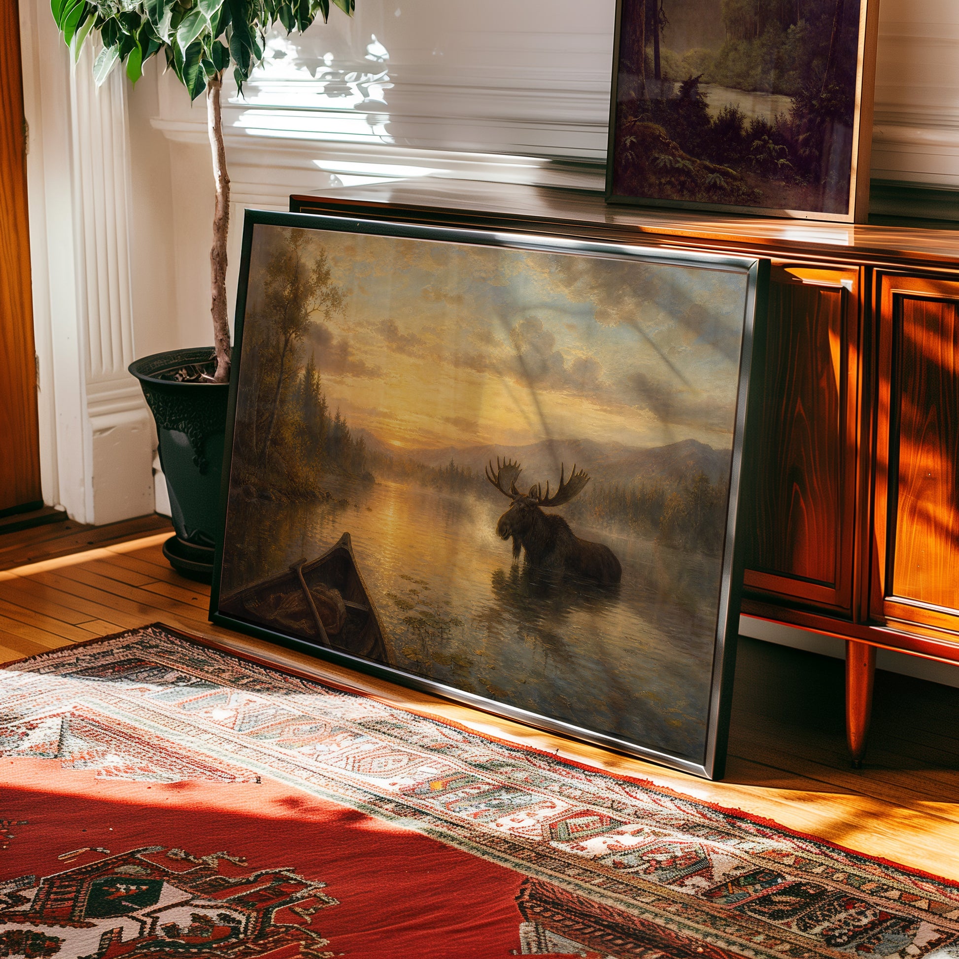 Moose wading in golden misty lake oil painting print with canoe — view 2