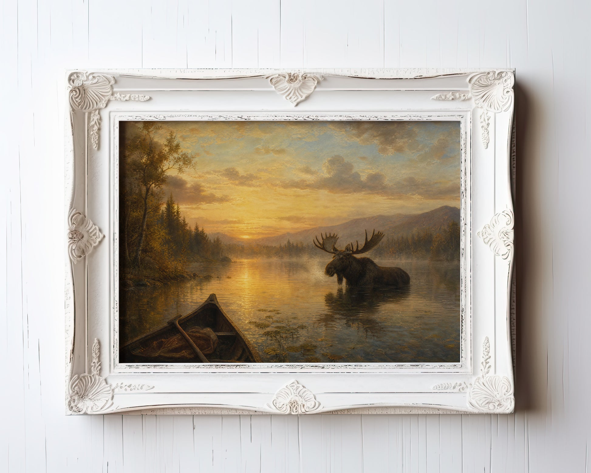 Moose wading in golden misty lake oil painting print with canoe — view 3
