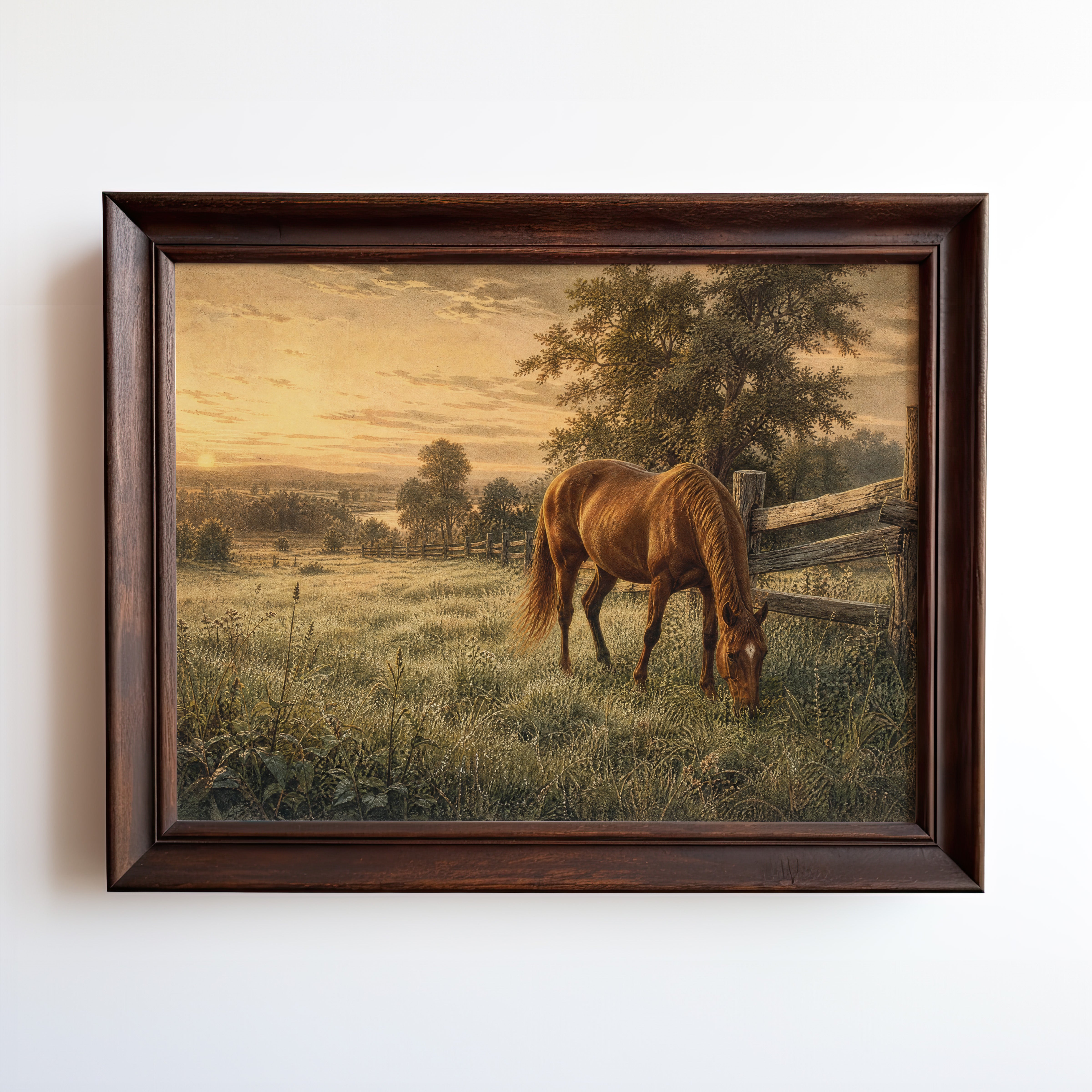 Oil painting of a chestnut horse grazing in a golden sunset meadow with wooden fence