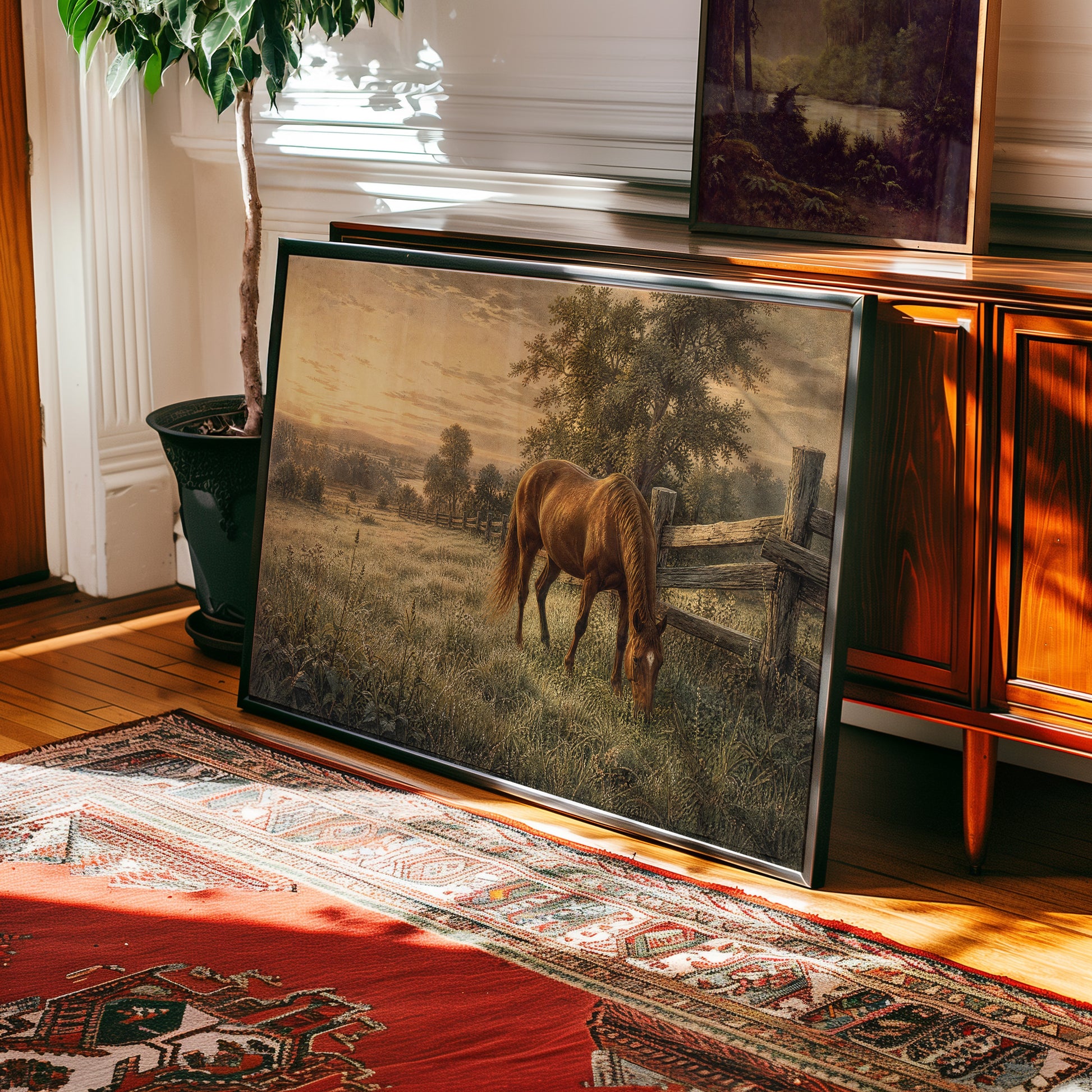 Oil painting of a chestnut horse grazing in a golden sunset meadow with wooden fence — view 2