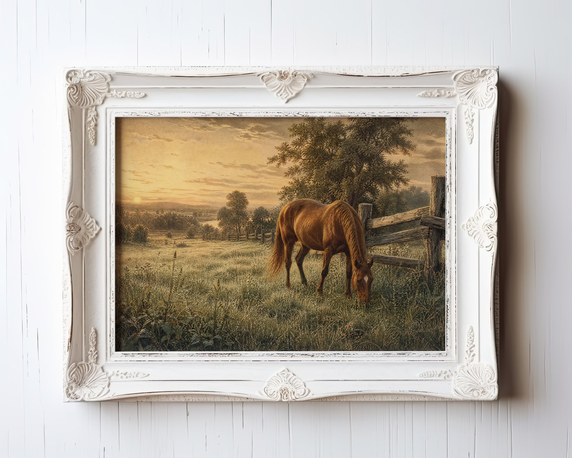 Oil painting of a chestnut horse grazing in a golden sunset meadow with wooden fence — view 3