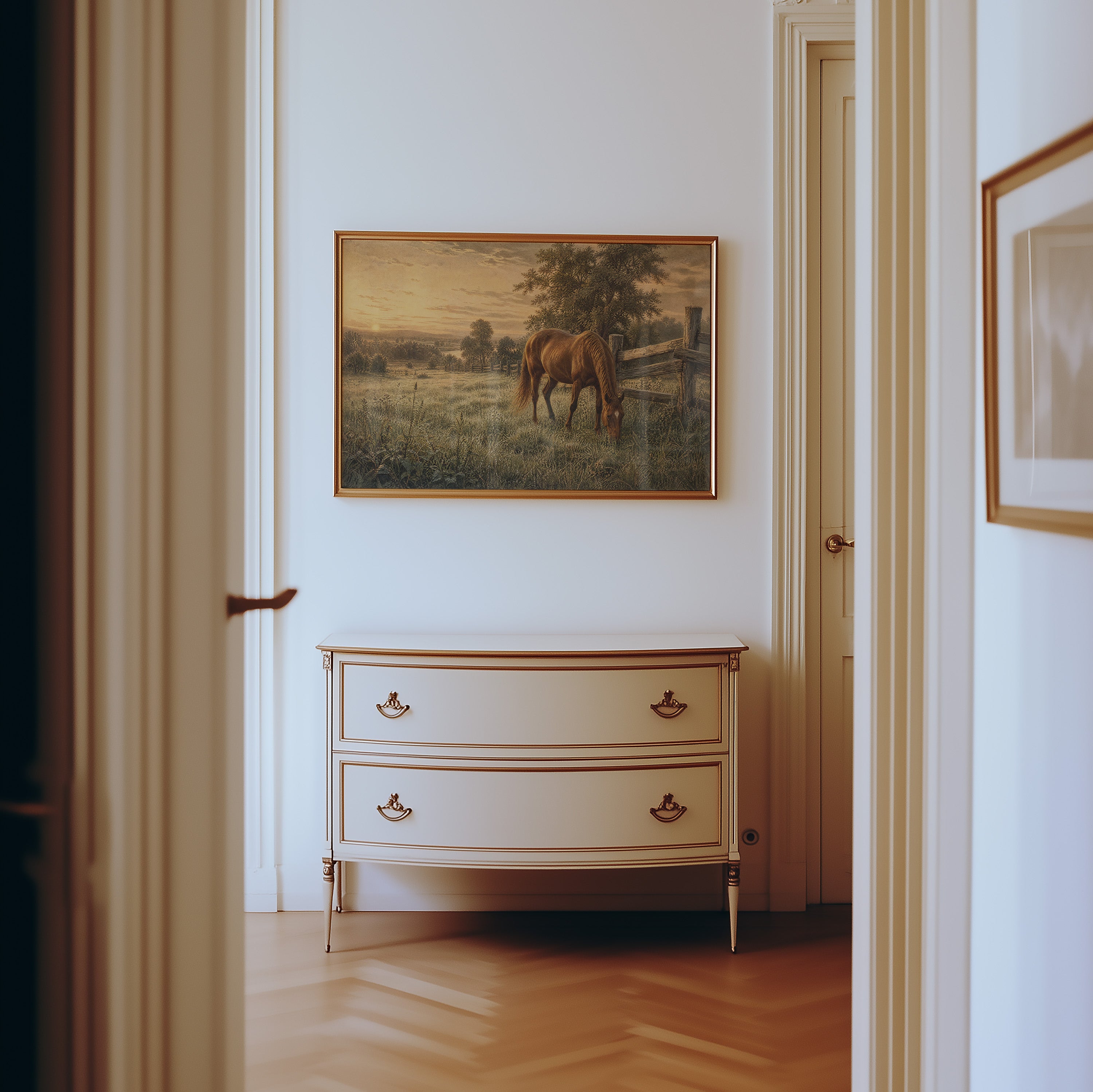 Oil painting of a chestnut horse grazing in a golden sunset meadow with wooden fence — view 4