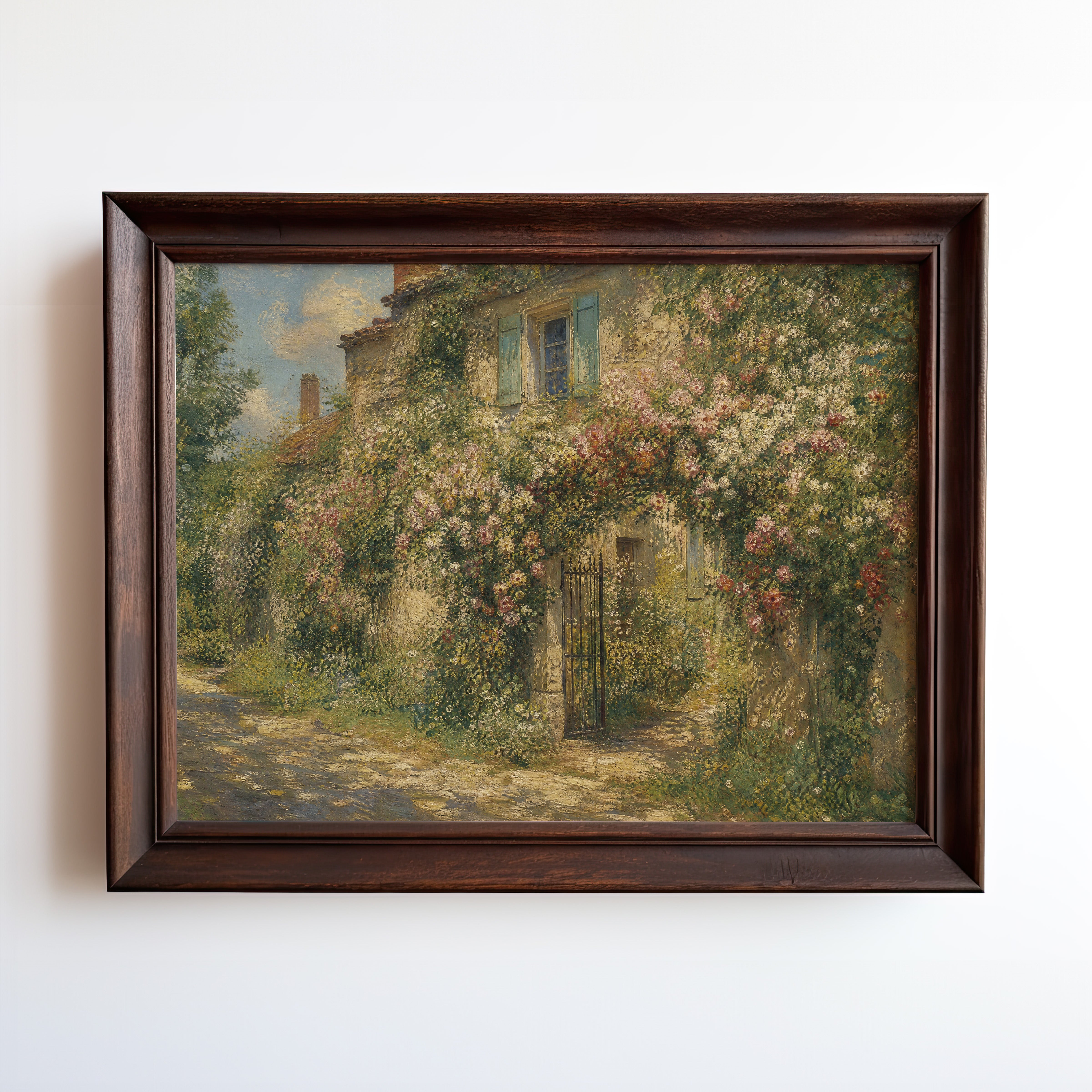 Oil painting of ivy and rose-covered stone cottage in golden afternoon light