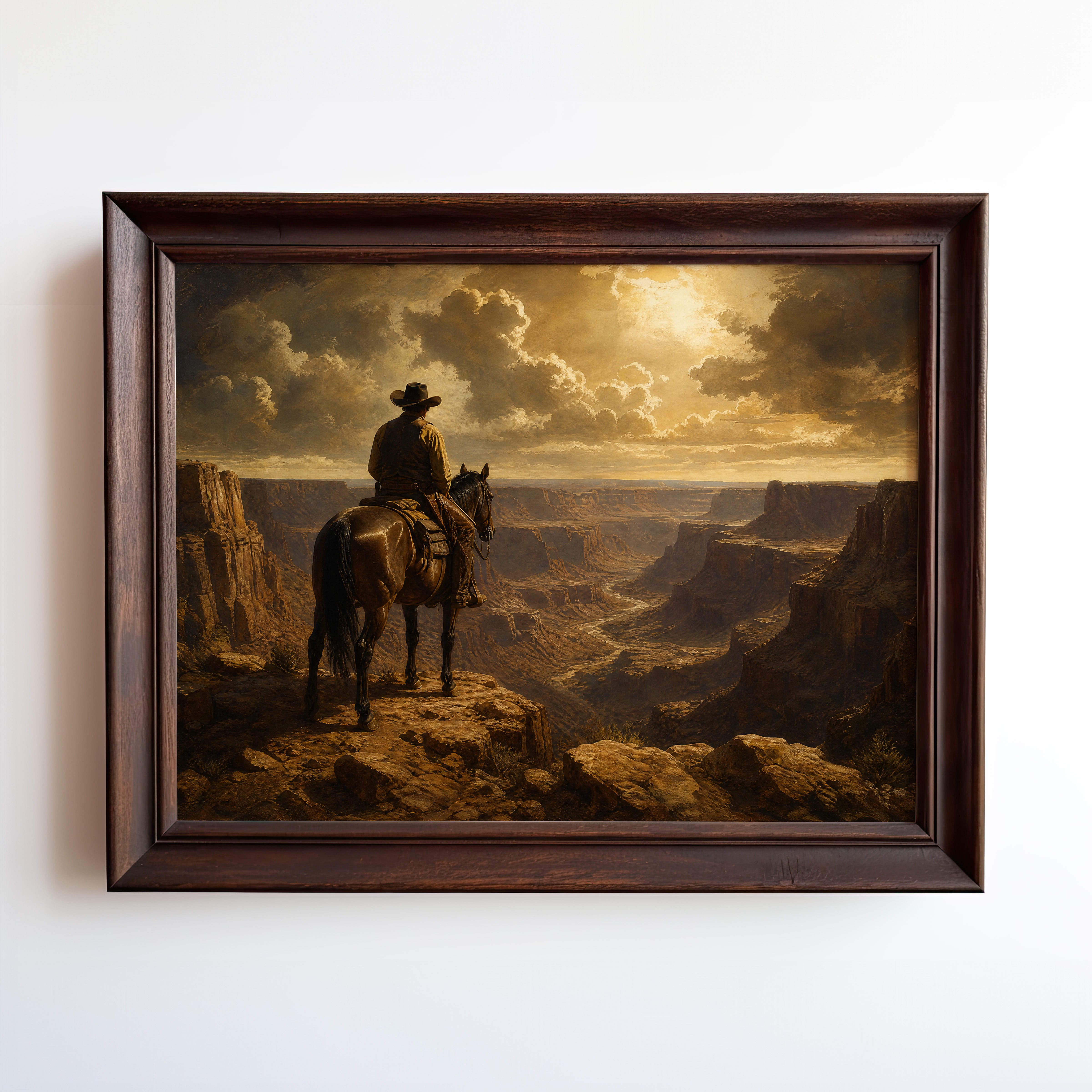 Oil painting print of a cowboy on horseback overlooking a golden-hour desert canyon
