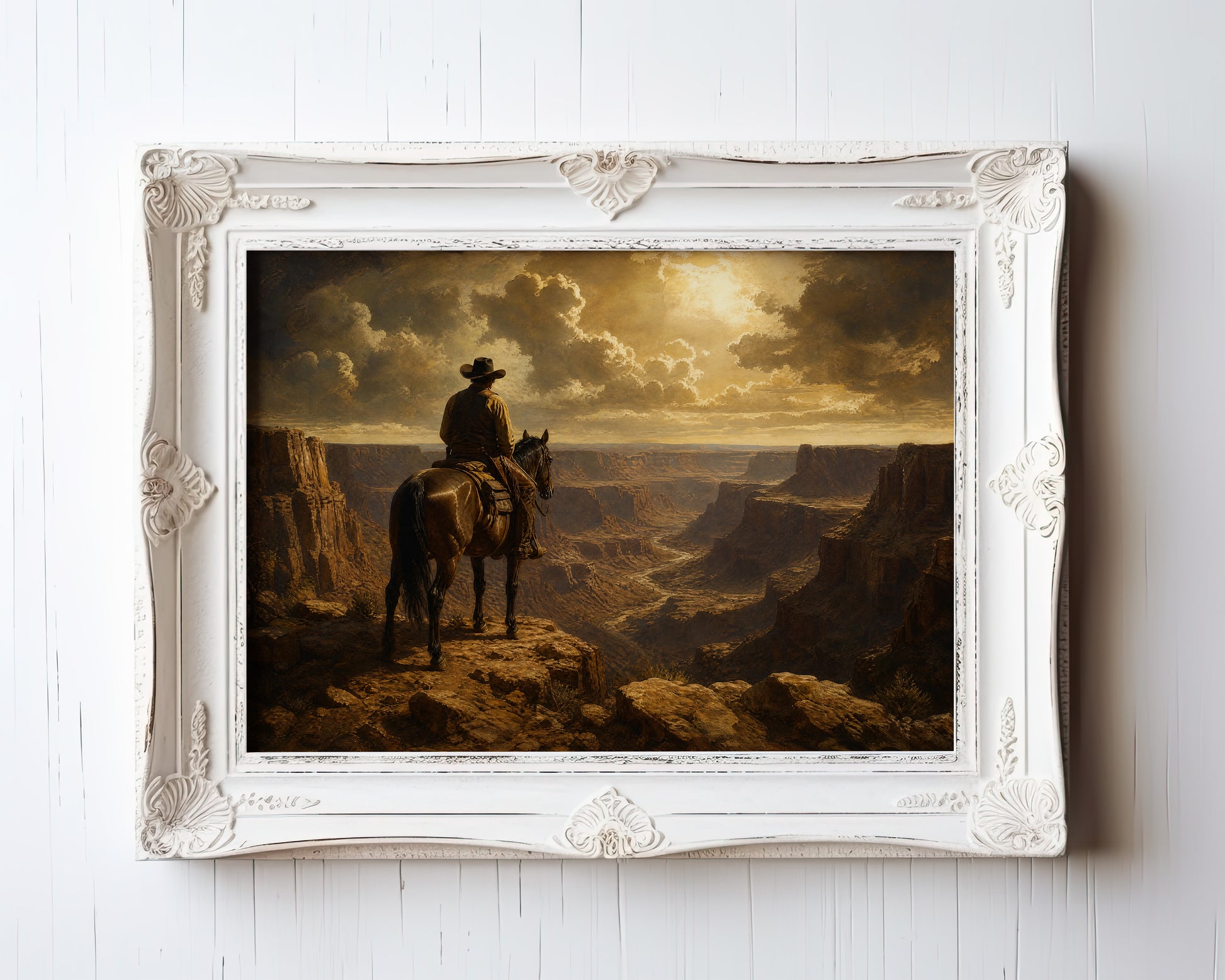 Oil painting print of a cowboy on horseback overlooking a golden-hour desert canyon — view 3