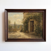 Oil painting of a Tuscan villa courtyard with roses and cypress trees in golden light