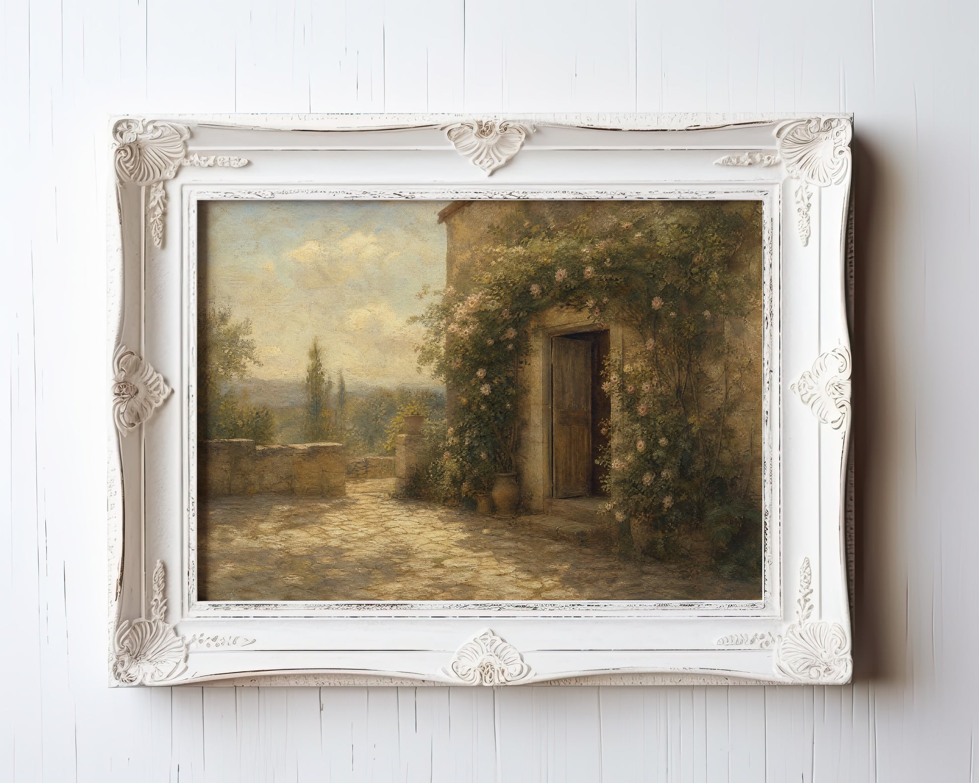 Oil painting of a Tuscan villa courtyard with roses and cypress trees in golden light — view 3