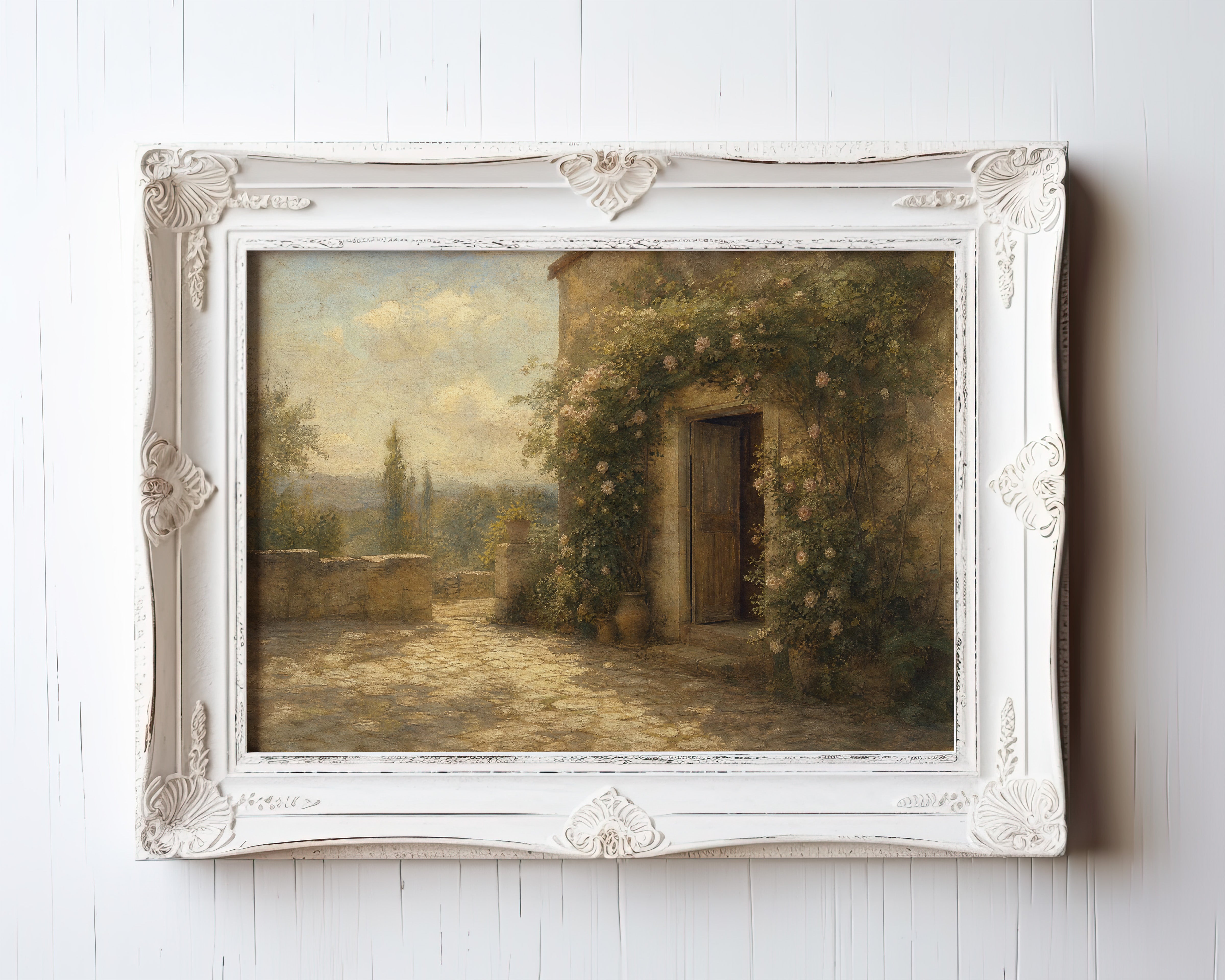 Oil painting of a Tuscan villa courtyard with roses and cypress trees in golden light — view 3