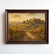 Oil painting of a Tuscan hilltop villa and cypress trees over golden sunset vineyard rows