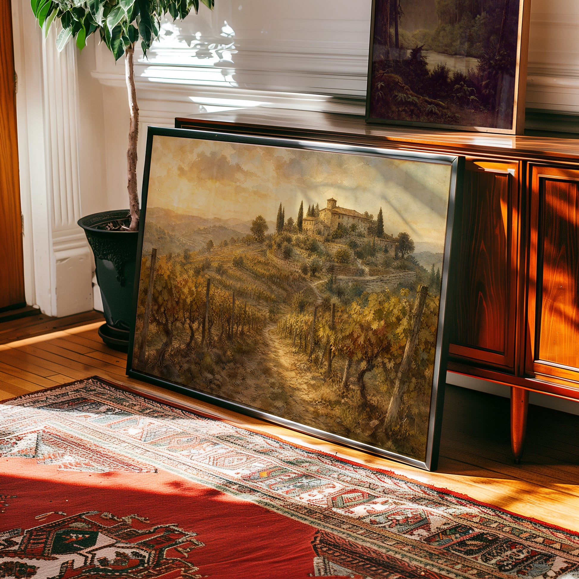 Oil painting of a Tuscan hilltop villa and cypress trees over golden sunset vineyard rows — view 2