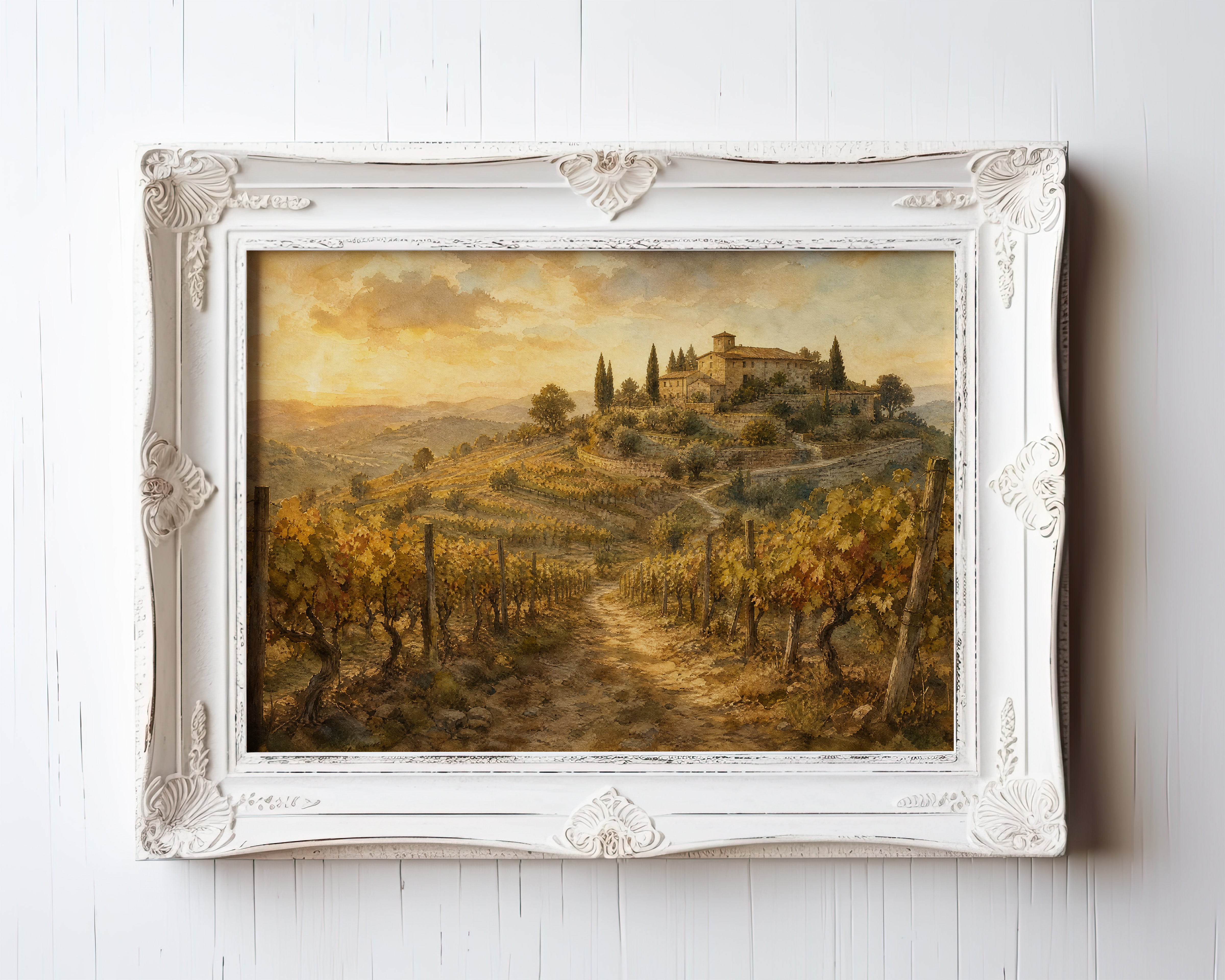 Oil painting of a Tuscan hilltop villa and cypress trees over golden sunset vineyard rows — view 3
