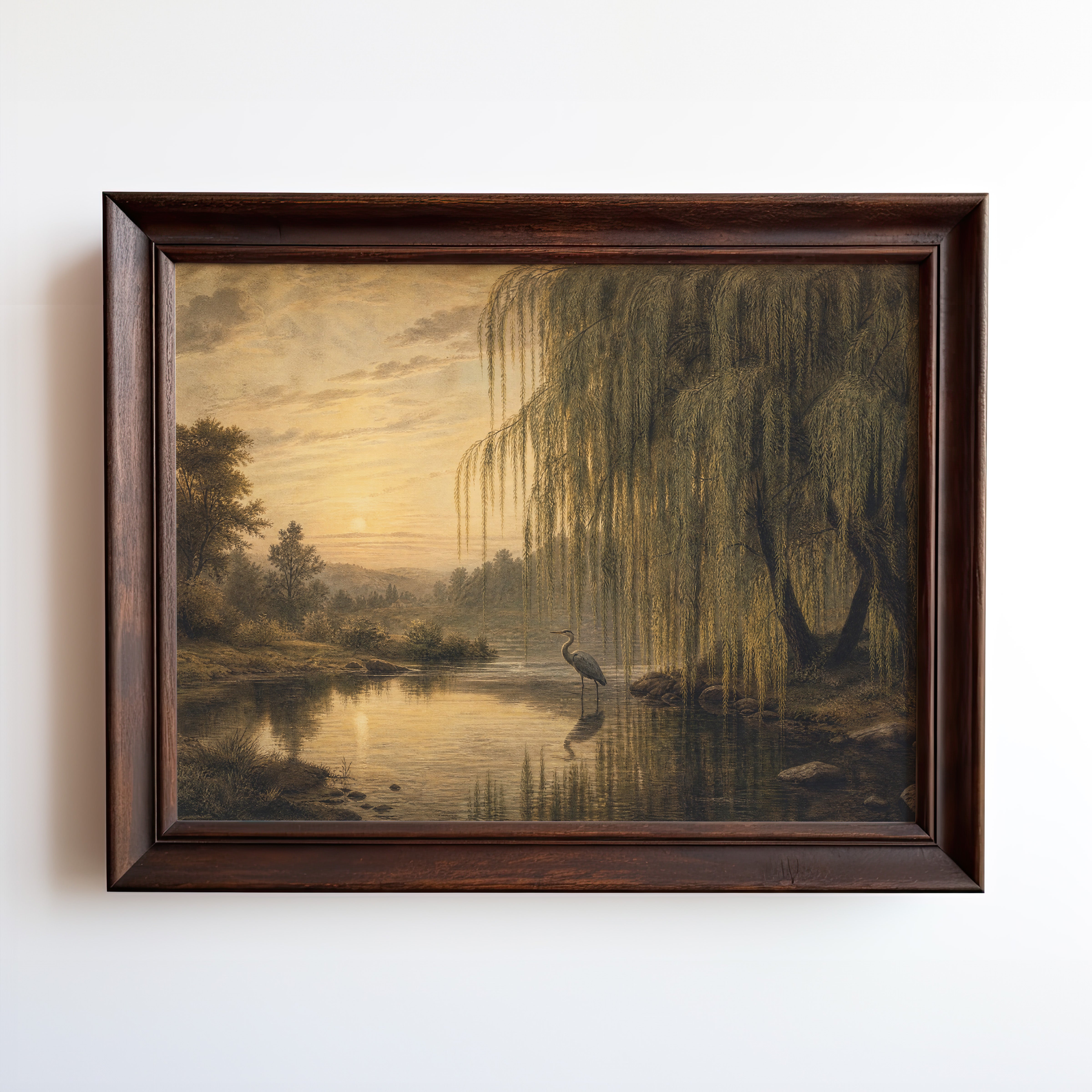 Oil painting of a heron wading beneath a willow tree at golden hour, reflection in still river water
