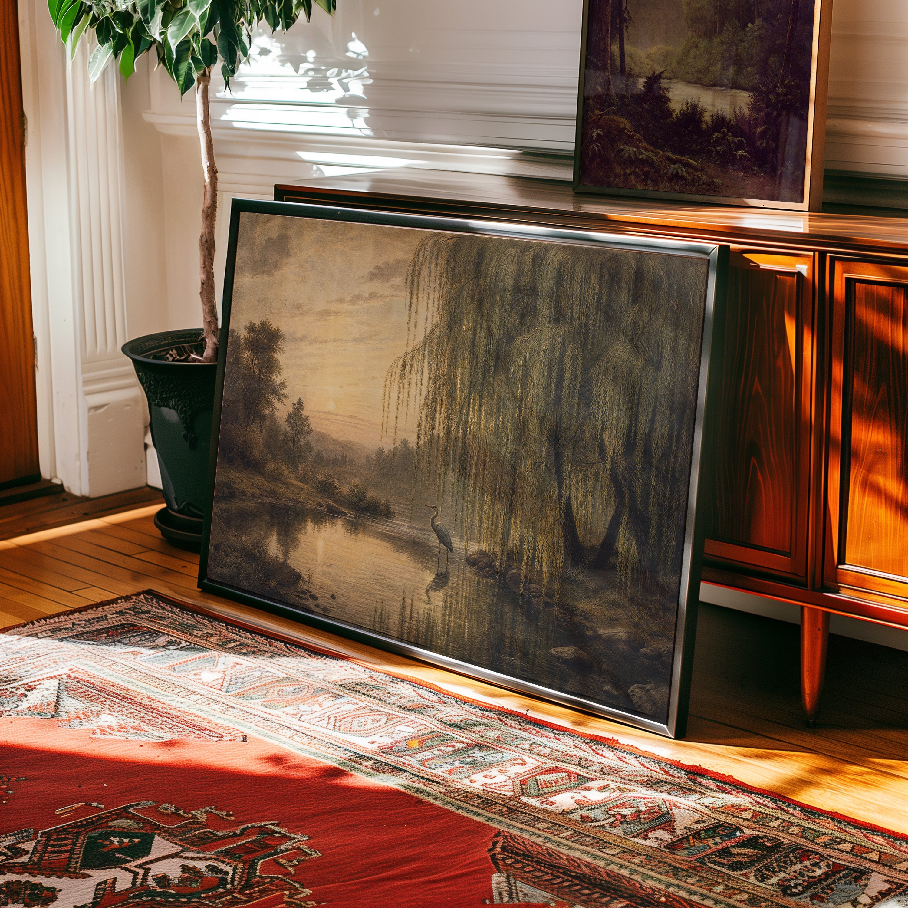 Oil painting of a heron wading beneath a willow tree at golden hour, reflection in still river water — view 2