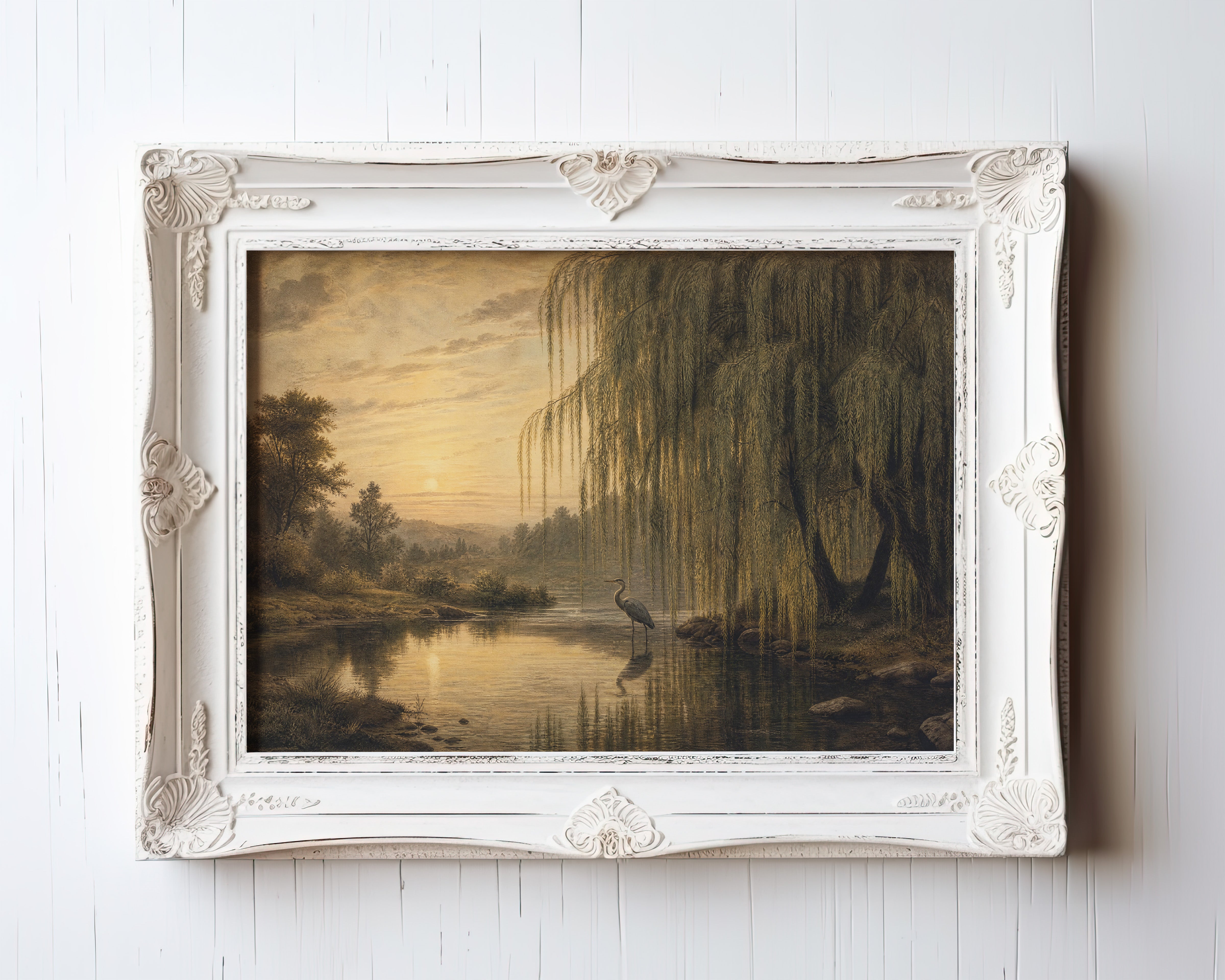 Oil painting of a heron wading beneath a willow tree at golden hour, reflection in still river water — view 3