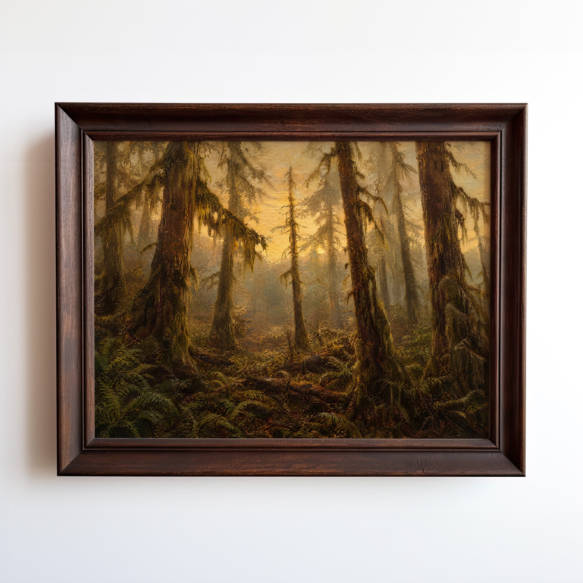 Oil painting of misty old-growth forest with moss-covered trees and ferns
