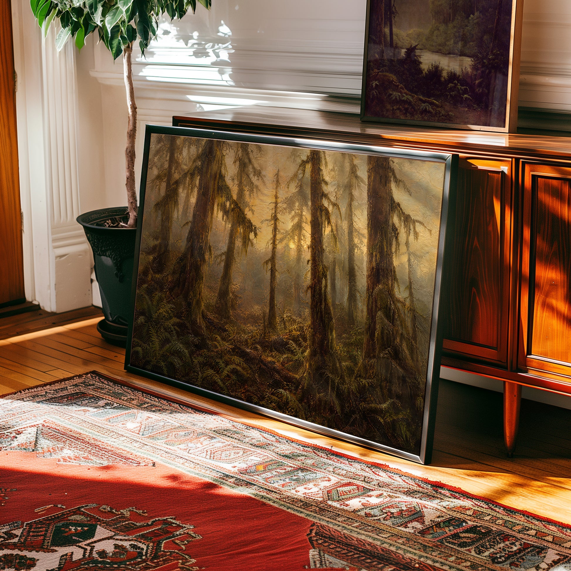 Oil painting of misty old-growth forest with moss-covered trees and ferns — view 2