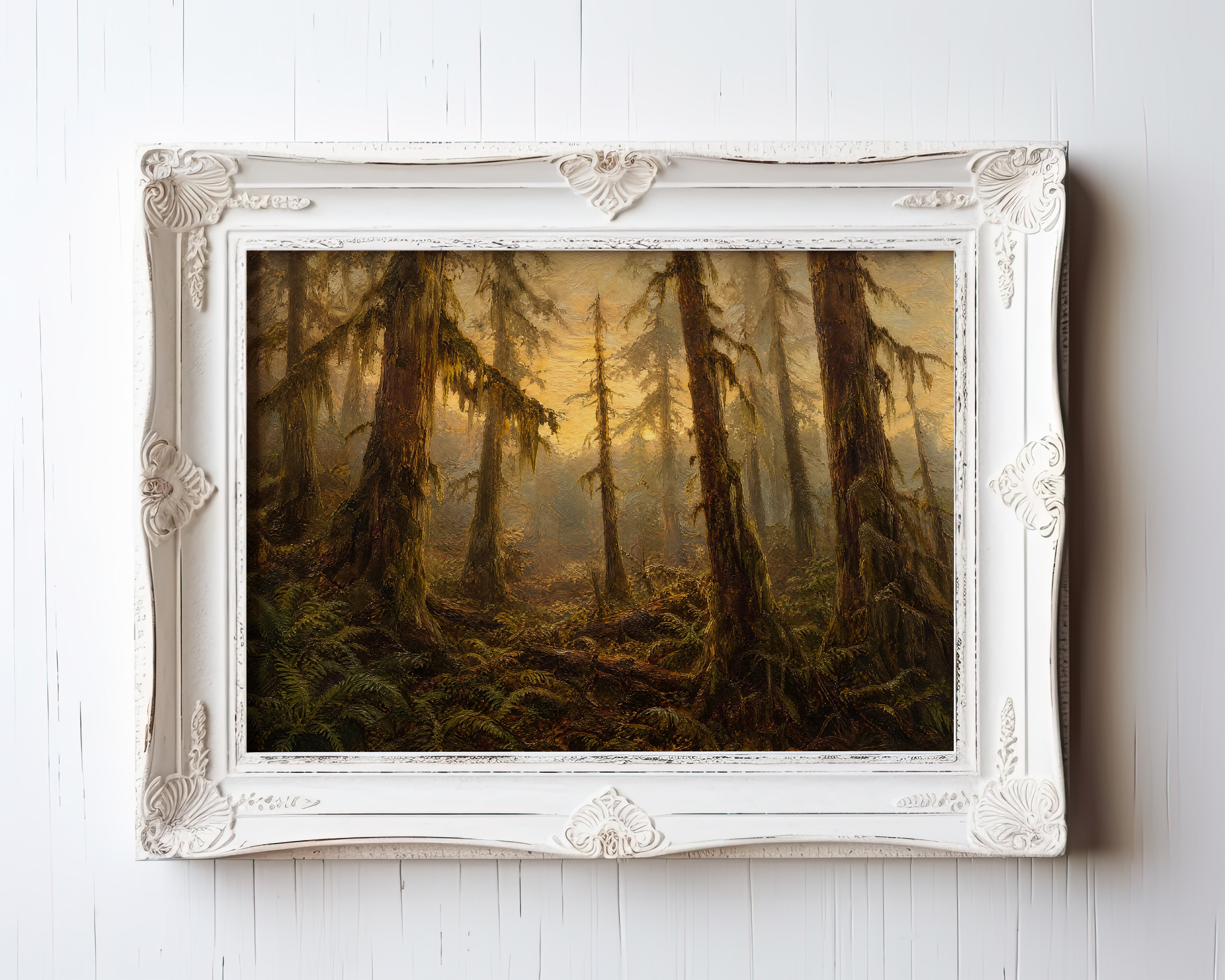 Oil painting of misty old-growth forest with moss-covered trees and ferns — view 3