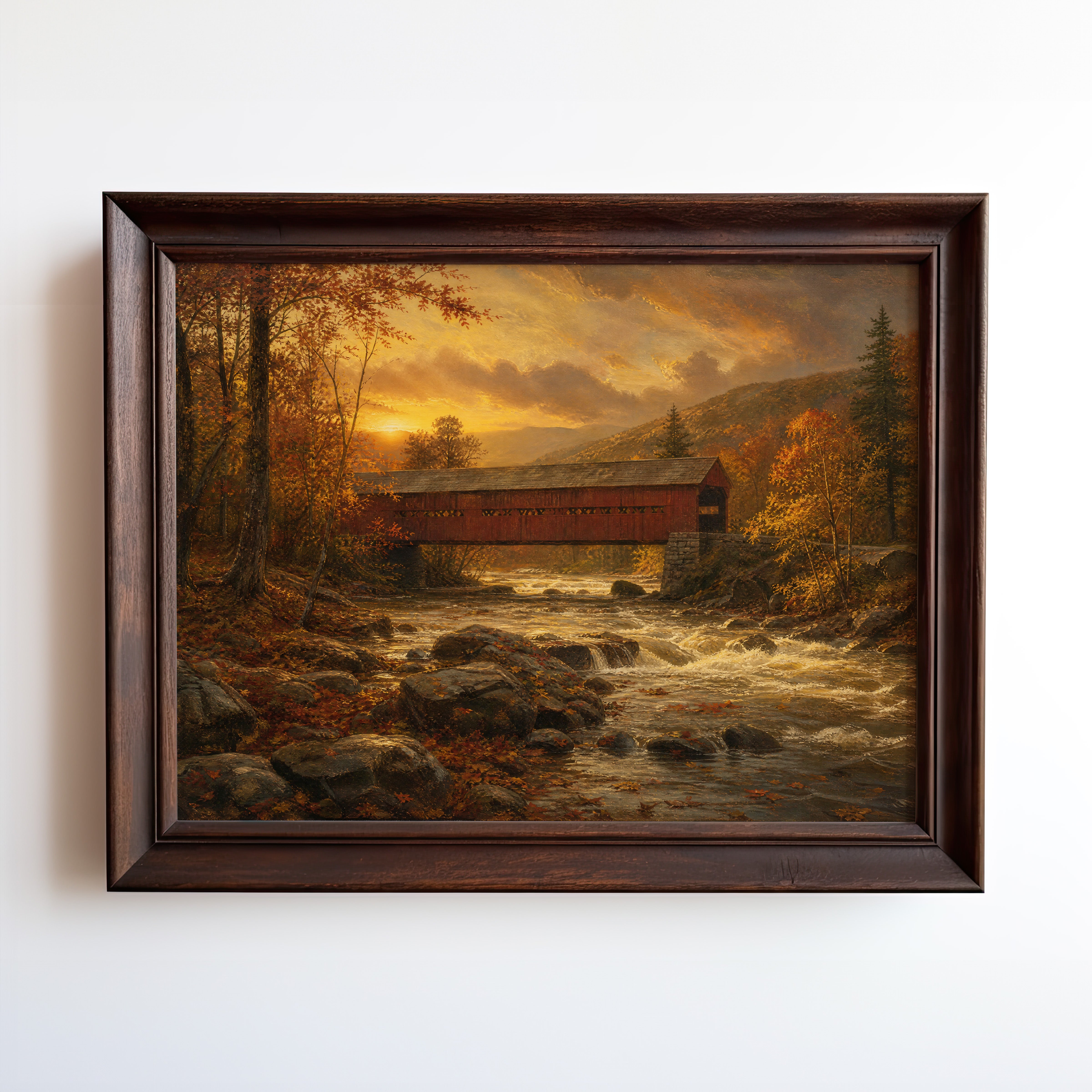 Oil painting print of a red covered bridge at golden hour over an autumn forest stream