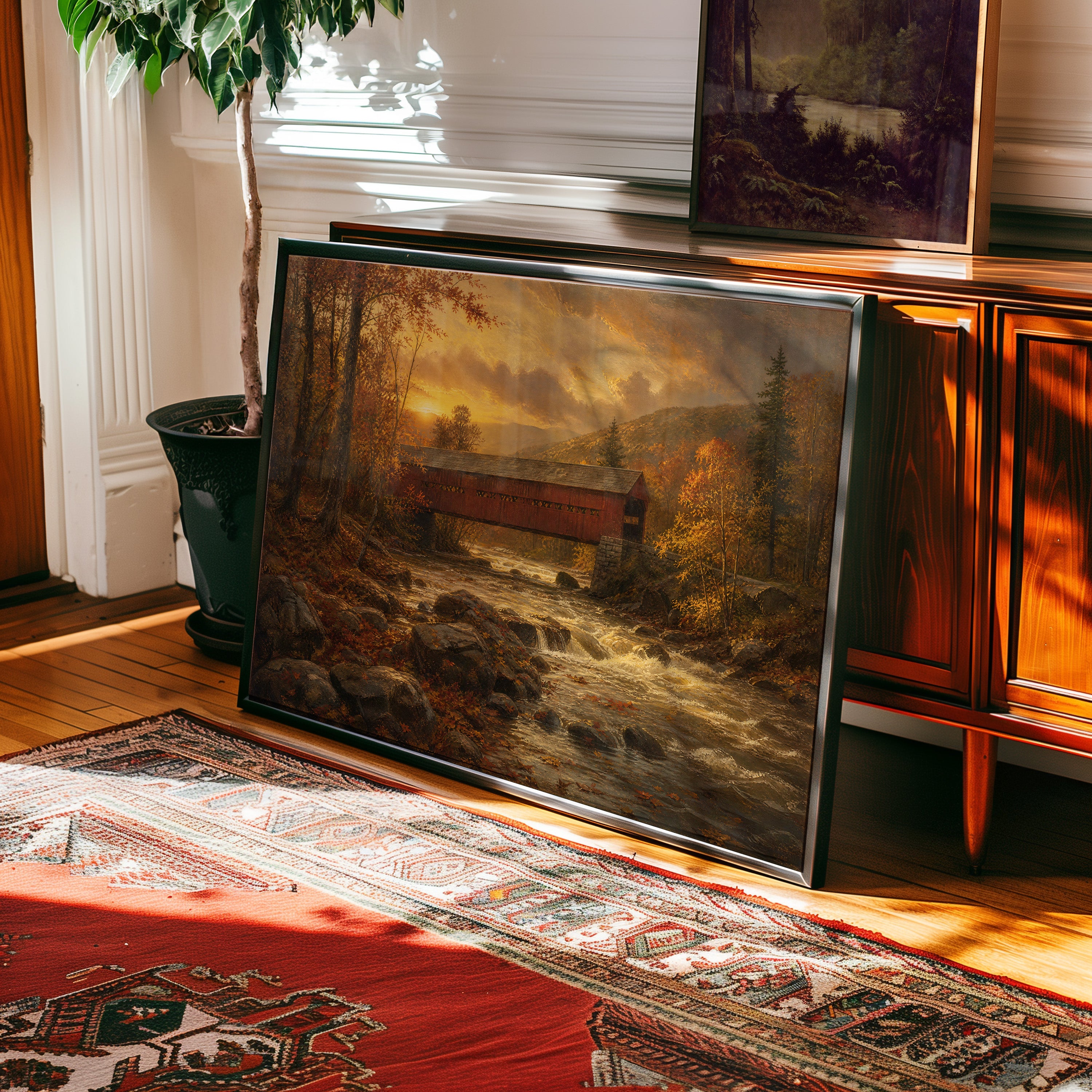Oil painting print of a red covered bridge at golden hour over an autumn forest stream — view 2
