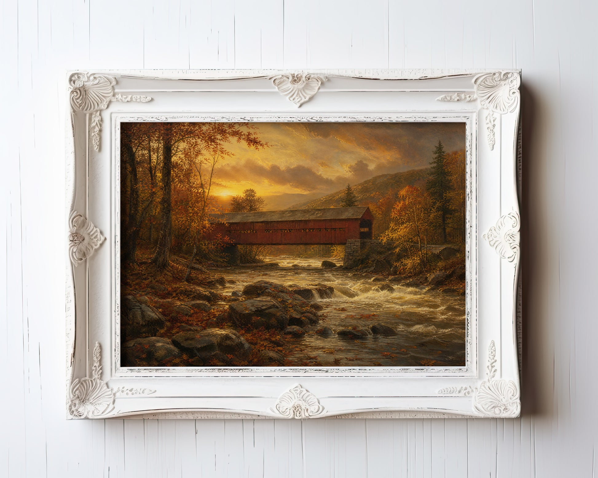 Oil painting print of a red covered bridge at golden hour over an autumn forest stream — view 3