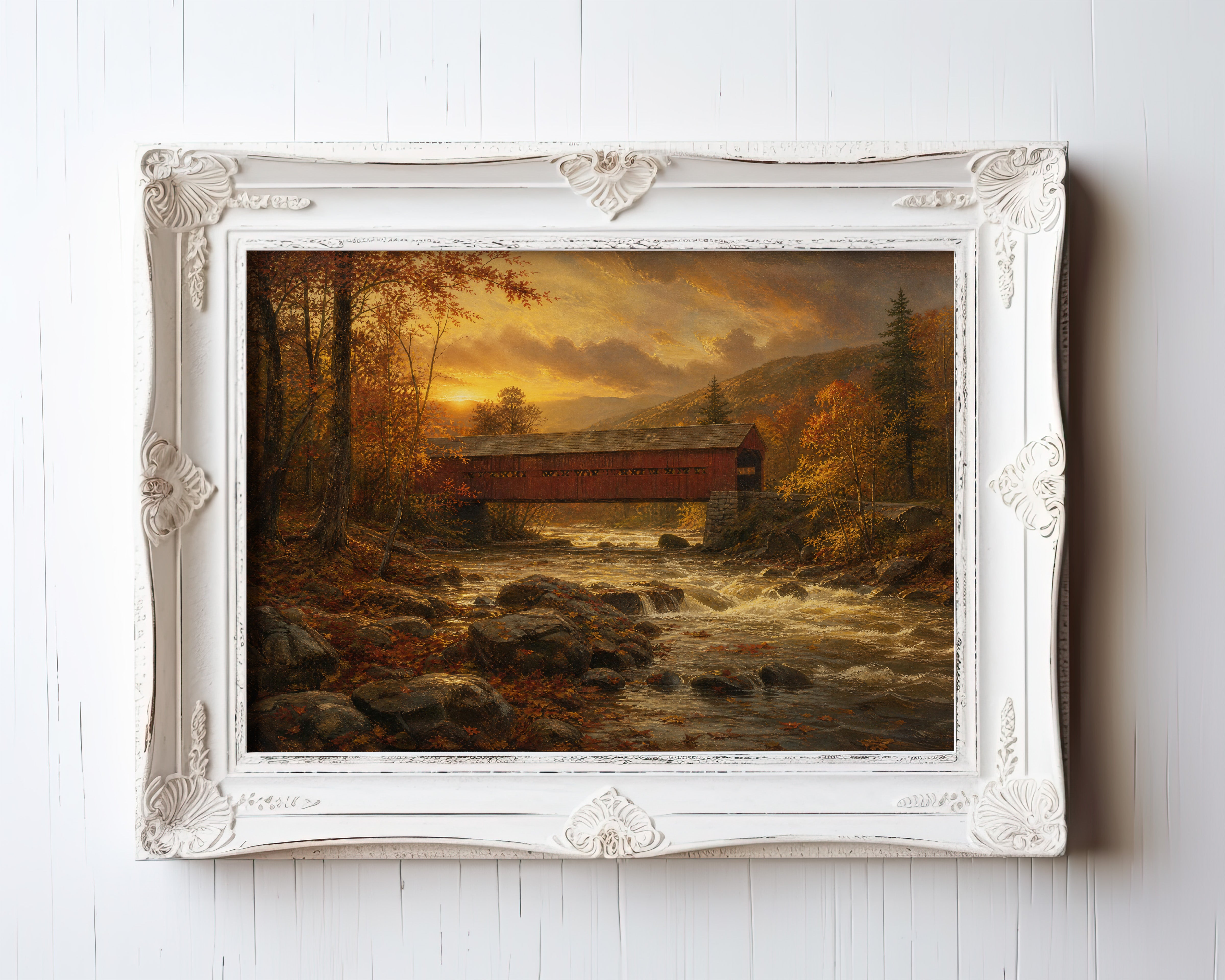 Oil painting print of a red covered bridge at golden hour over an autumn forest stream — view 3