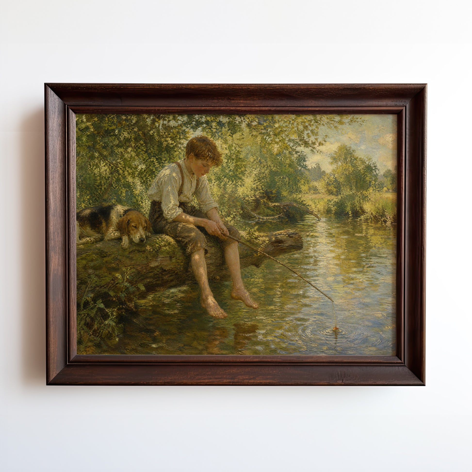 Oil painting print of a boy fishing by a river with his dog under willow trees