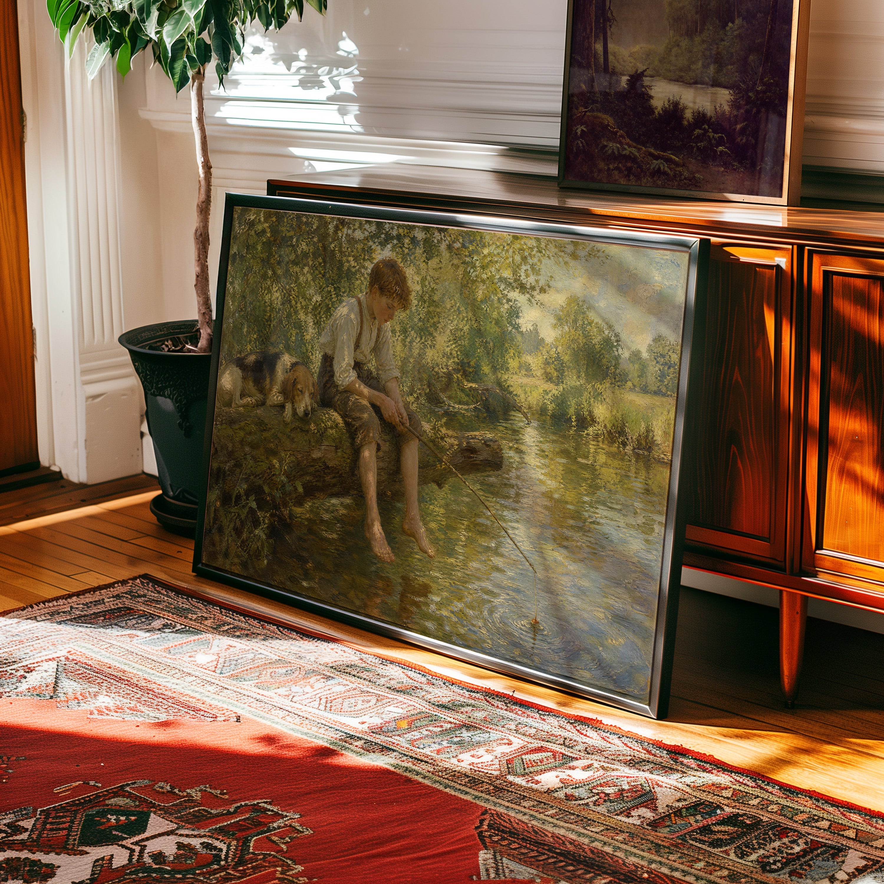 Oil painting print of a boy fishing by a river with his dog under willow trees — view 2