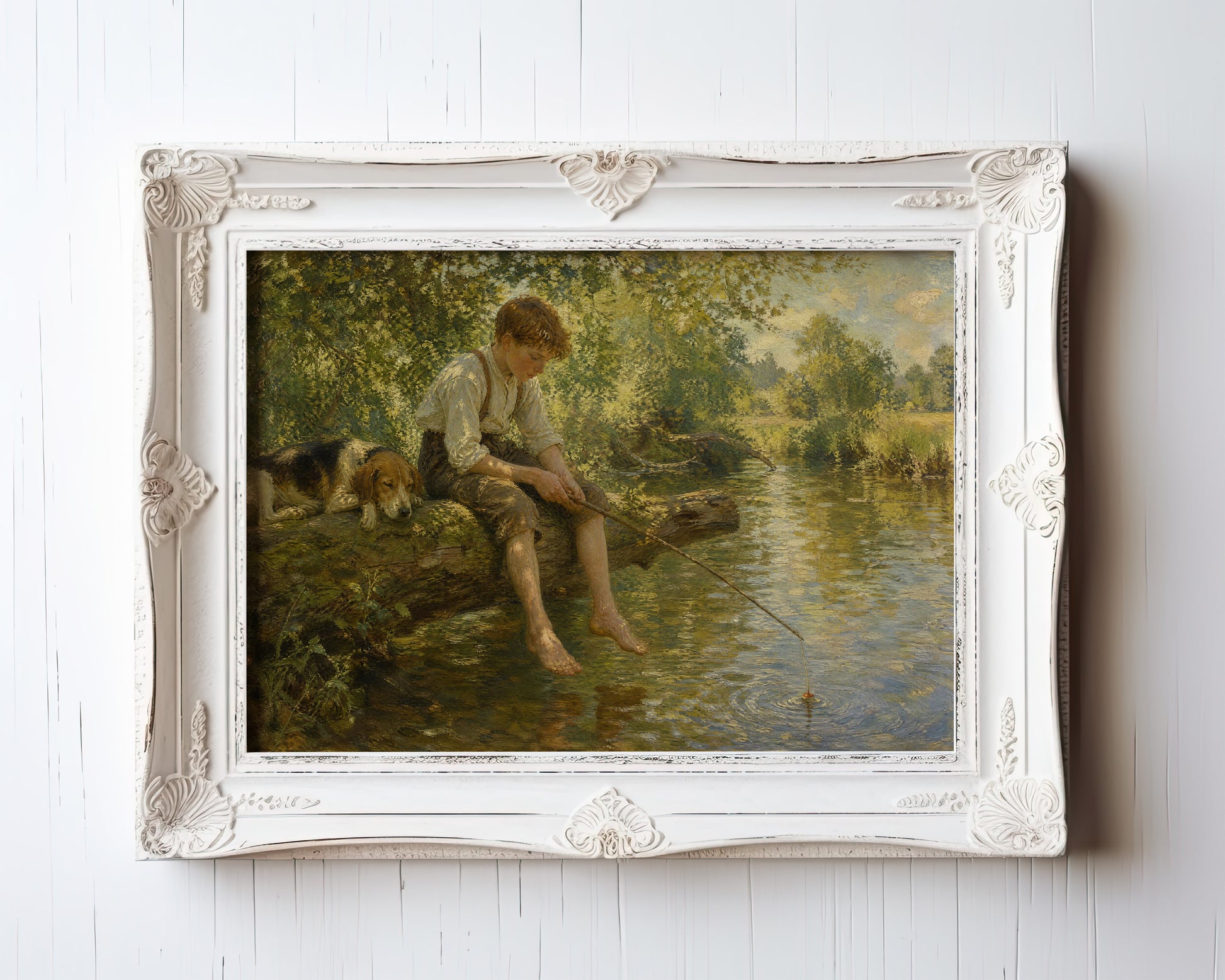 Oil painting print of a boy fishing by a river with his dog under willow trees — view 3
