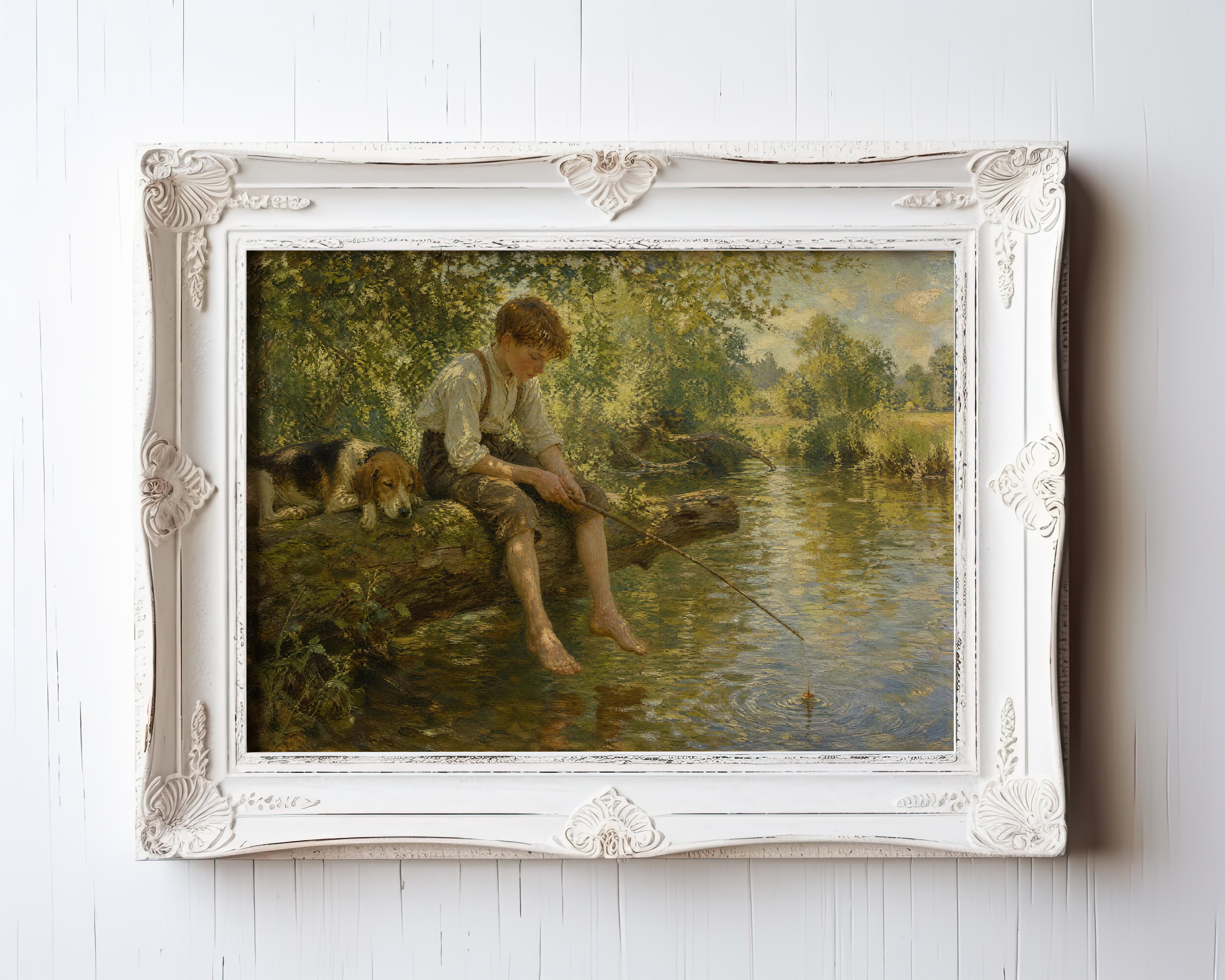 Oil painting print of a boy fishing by a river with his dog under willow trees — view 3