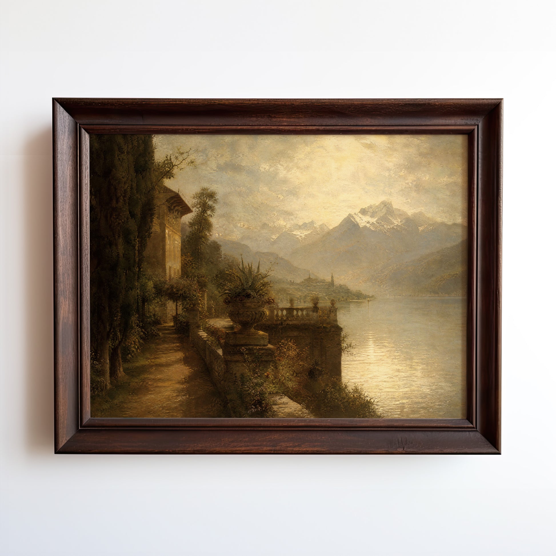 Oil painting of an alpine lake terrace with ivy, classical urn, and snow-capped mountains at golden hour