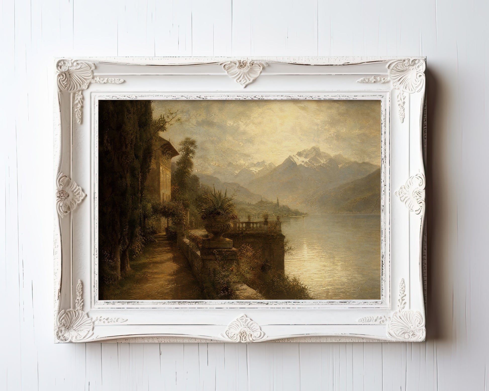 Oil painting of an alpine lake terrace with ivy, classical urn, and snow-capped mountains at golden hour — view 3