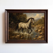 Oil painting of an Appaloosa horse crossing a golden-lit mountain stream