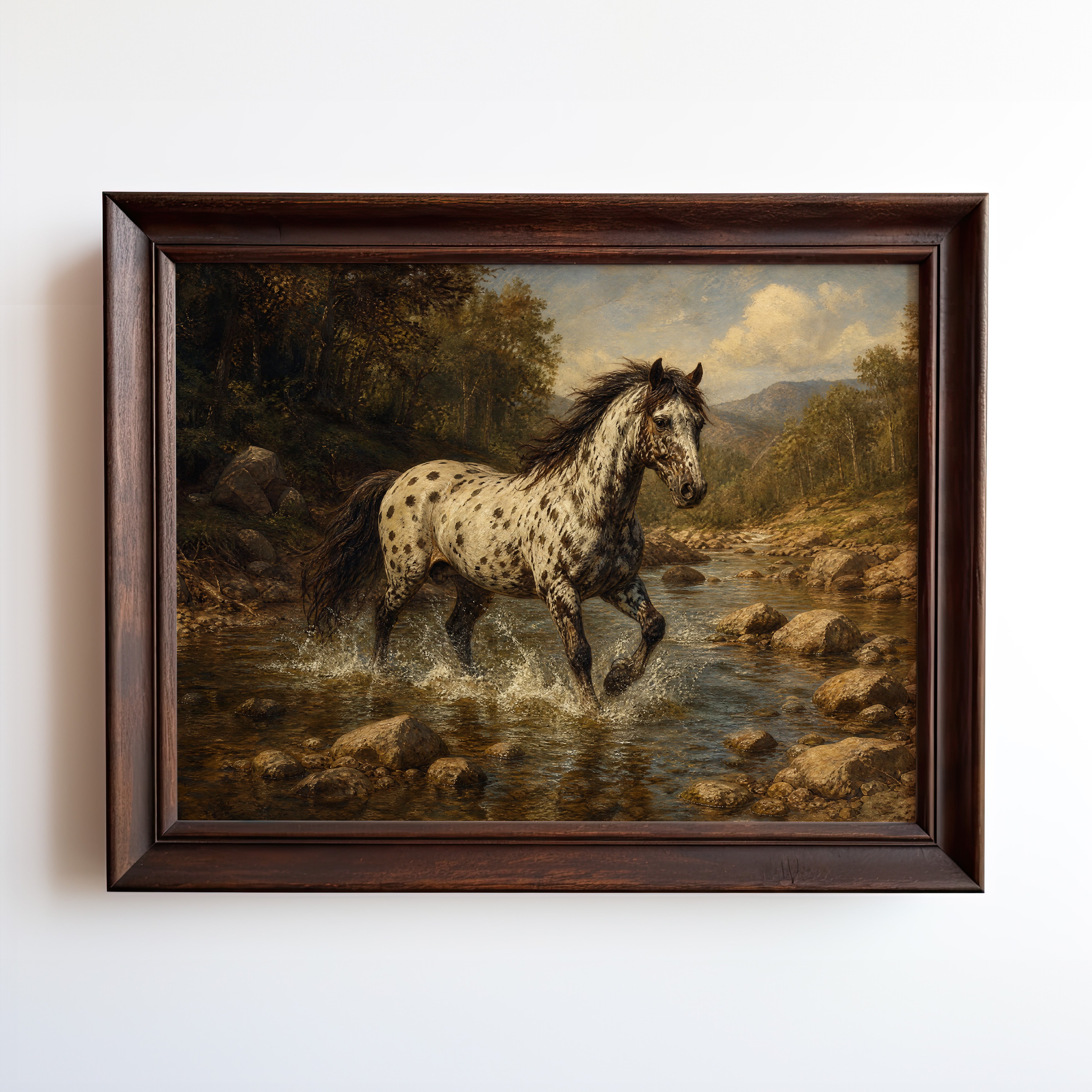 Oil painting of an Appaloosa horse crossing a golden-lit mountain stream