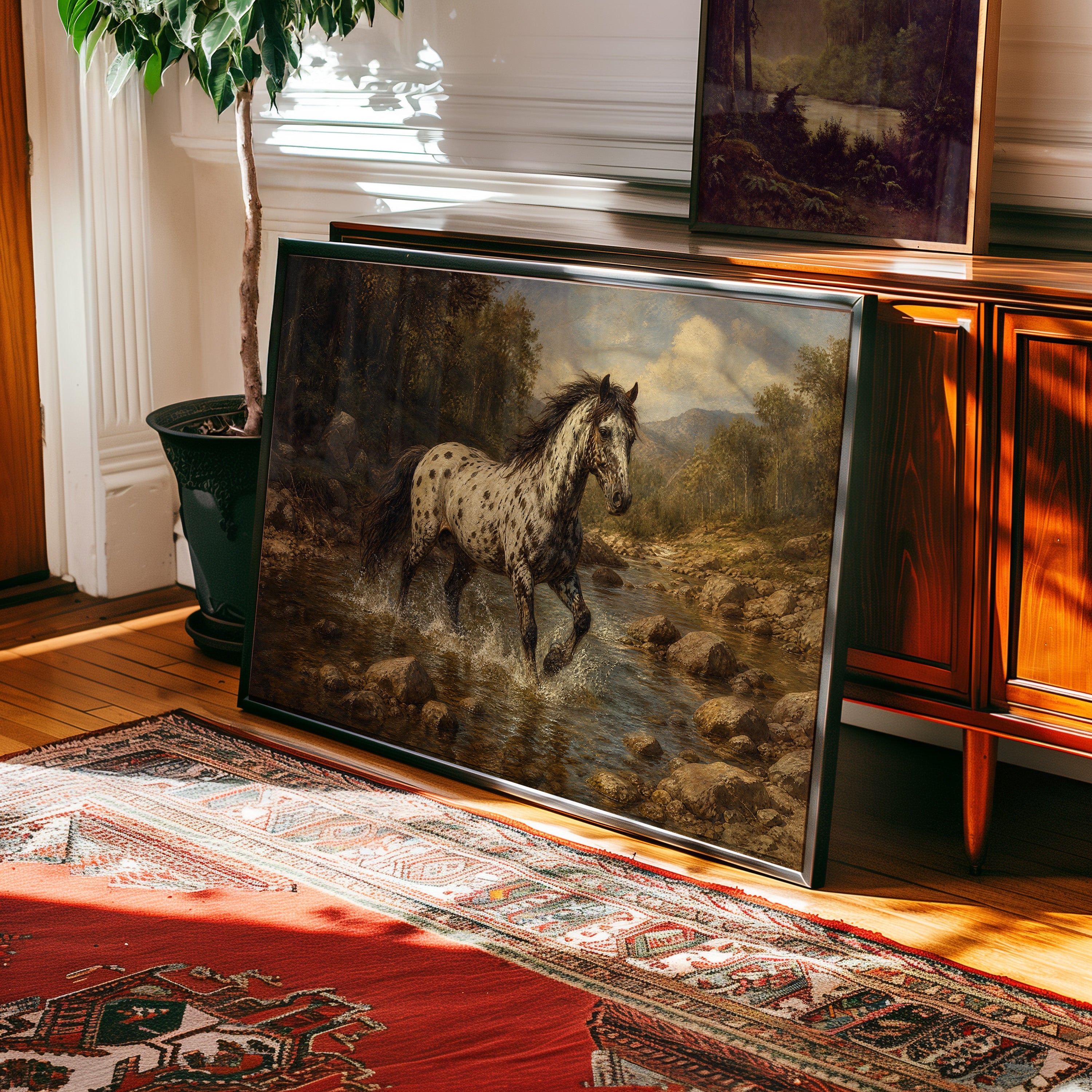 Oil painting of an Appaloosa horse crossing a golden-lit mountain stream — view 2