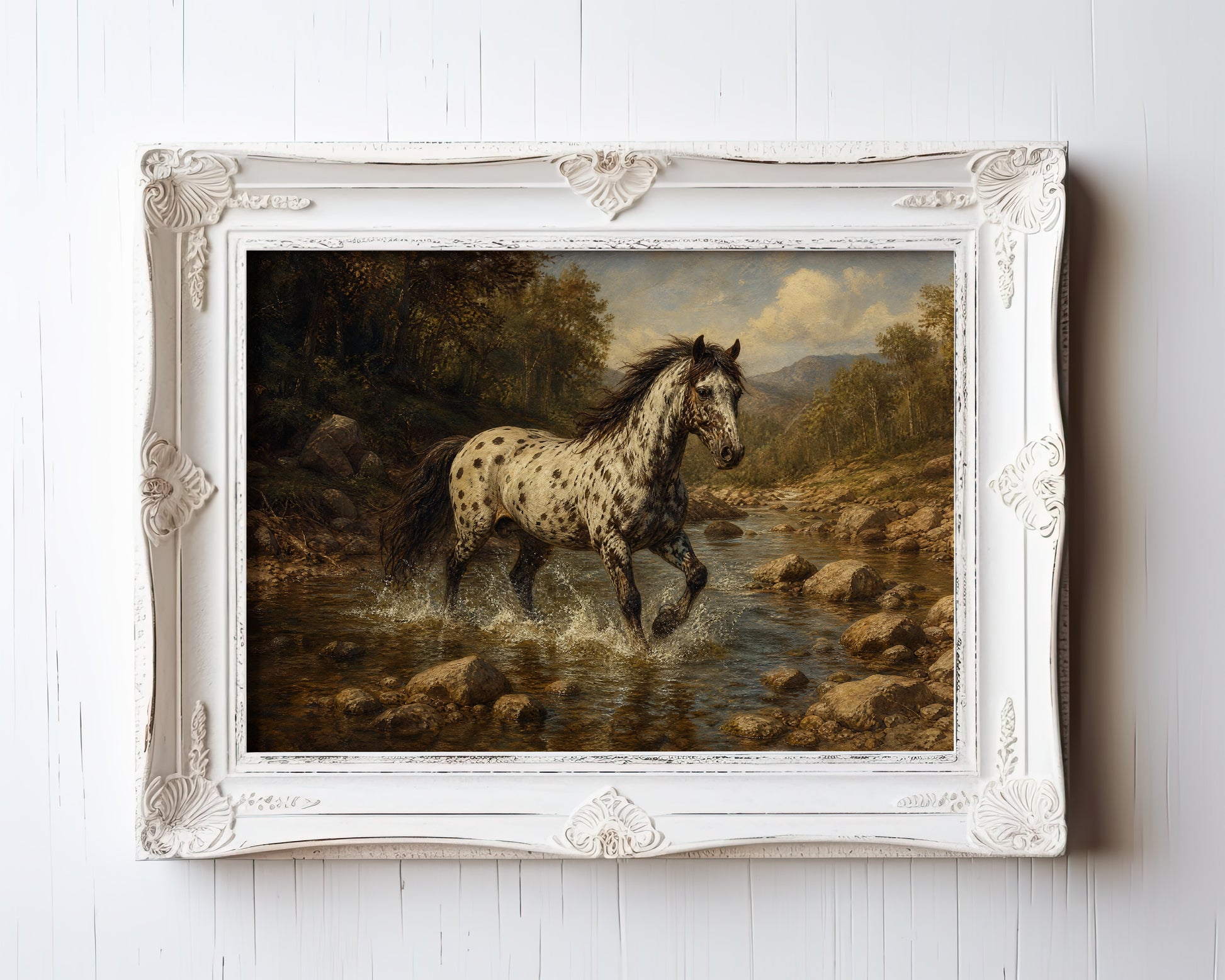 Oil painting of an Appaloosa horse crossing a golden-lit mountain stream — view 3