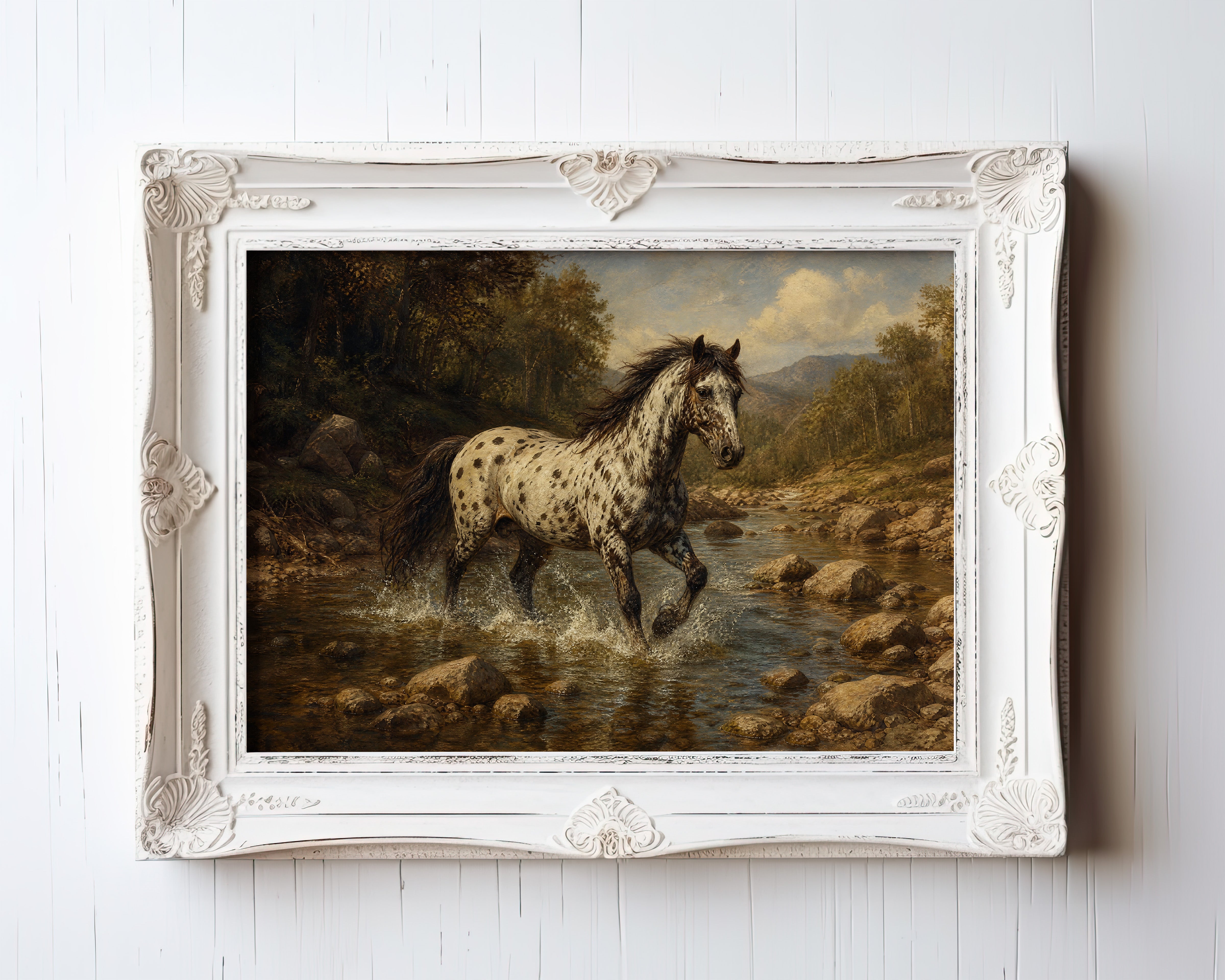Oil painting of an Appaloosa horse crossing a golden-lit mountain stream — view 3