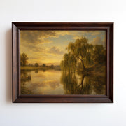 Oil painting of weeping willows reflecting in a golden sunset river