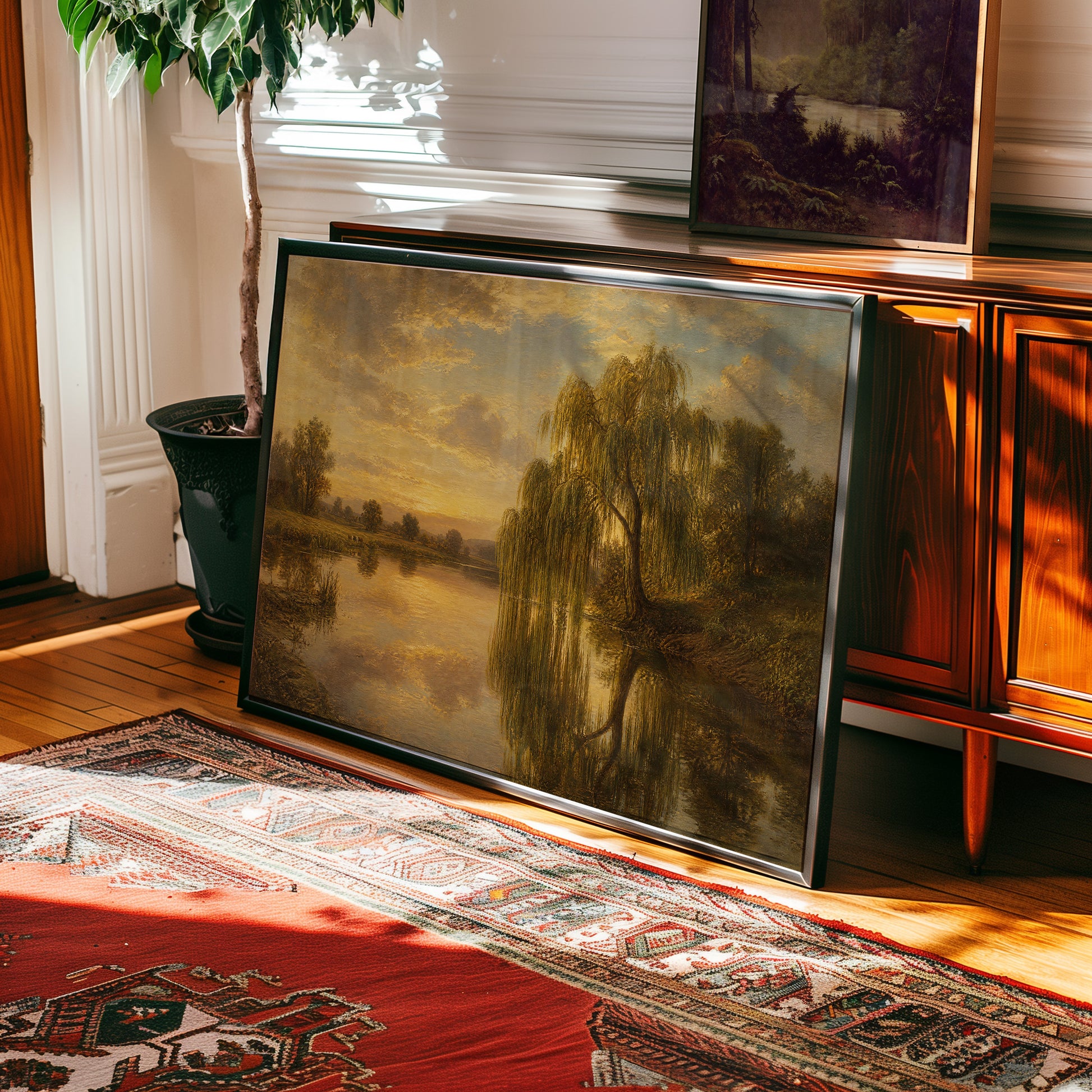 Oil painting of weeping willows reflecting in a golden sunset river — view 2