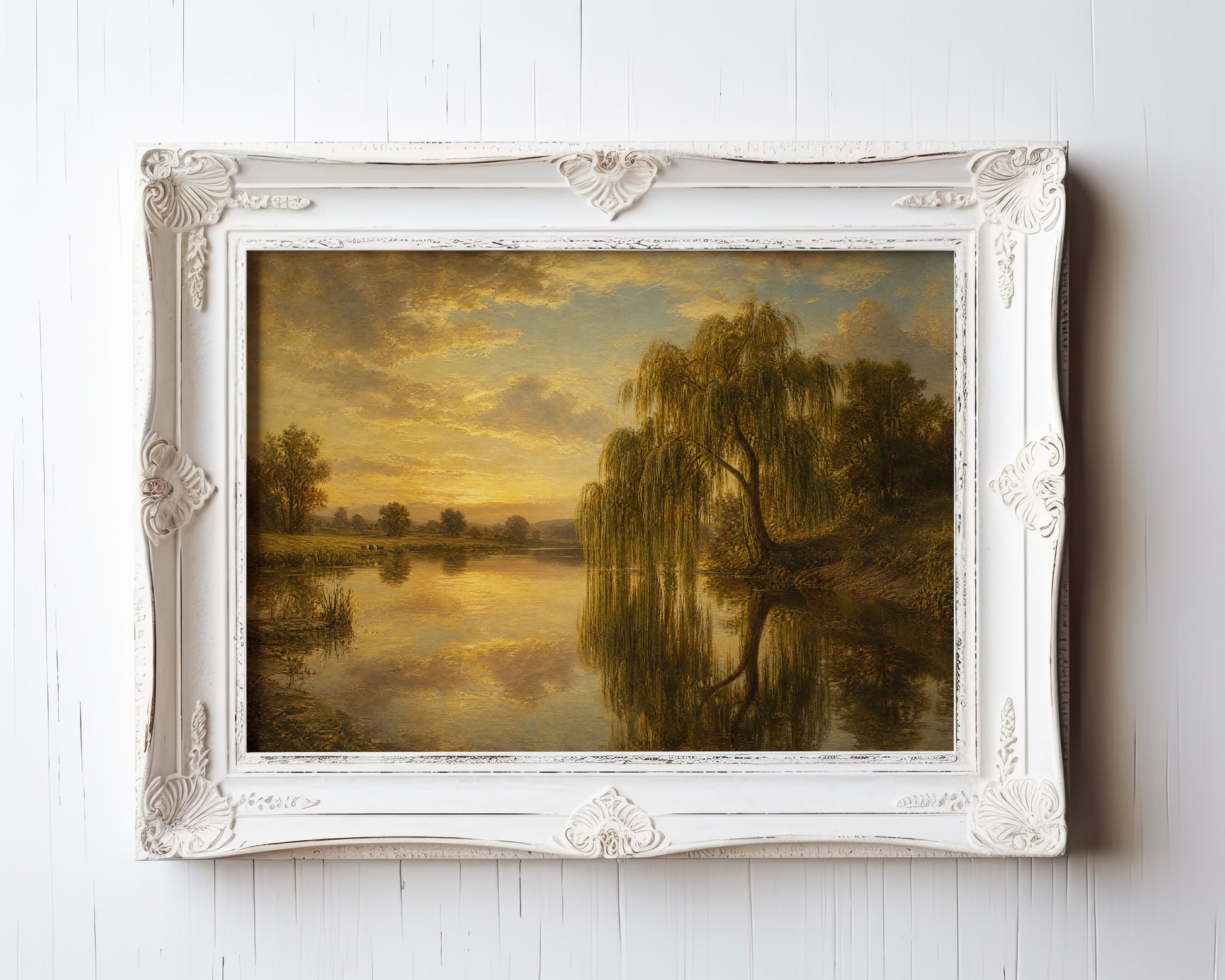 Oil painting of weeping willows reflecting in a golden sunset river — view 3