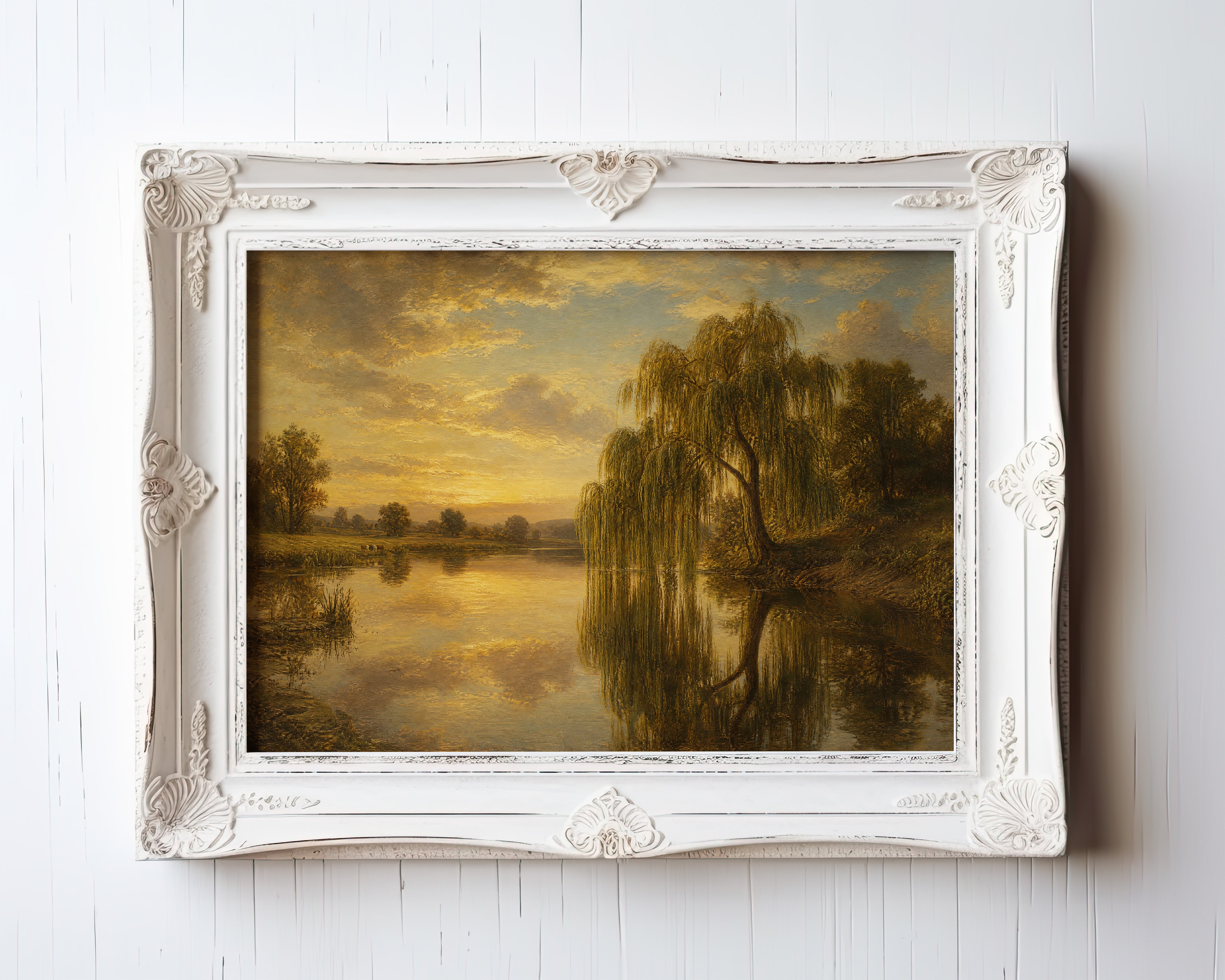 Oil painting of weeping willows reflecting in a golden sunset river — view 3