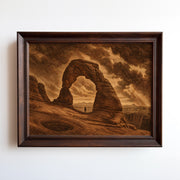 Vintage etching of Delicate Arch with lone hiker in golden light, Arches National Park art