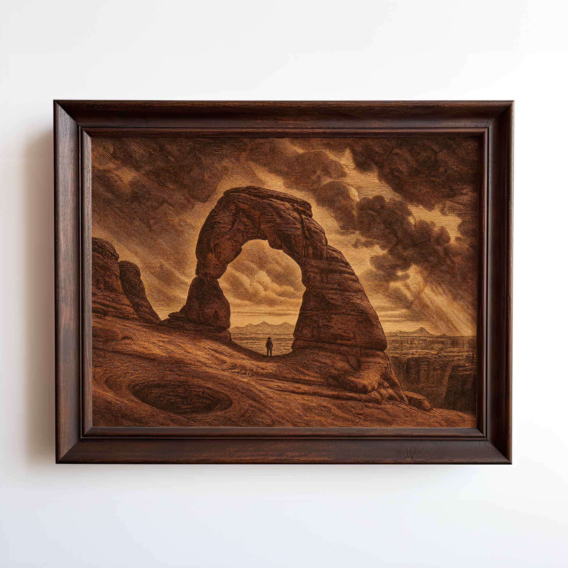 Vintage etching of Delicate Arch with lone hiker in golden light, Arches National Park art