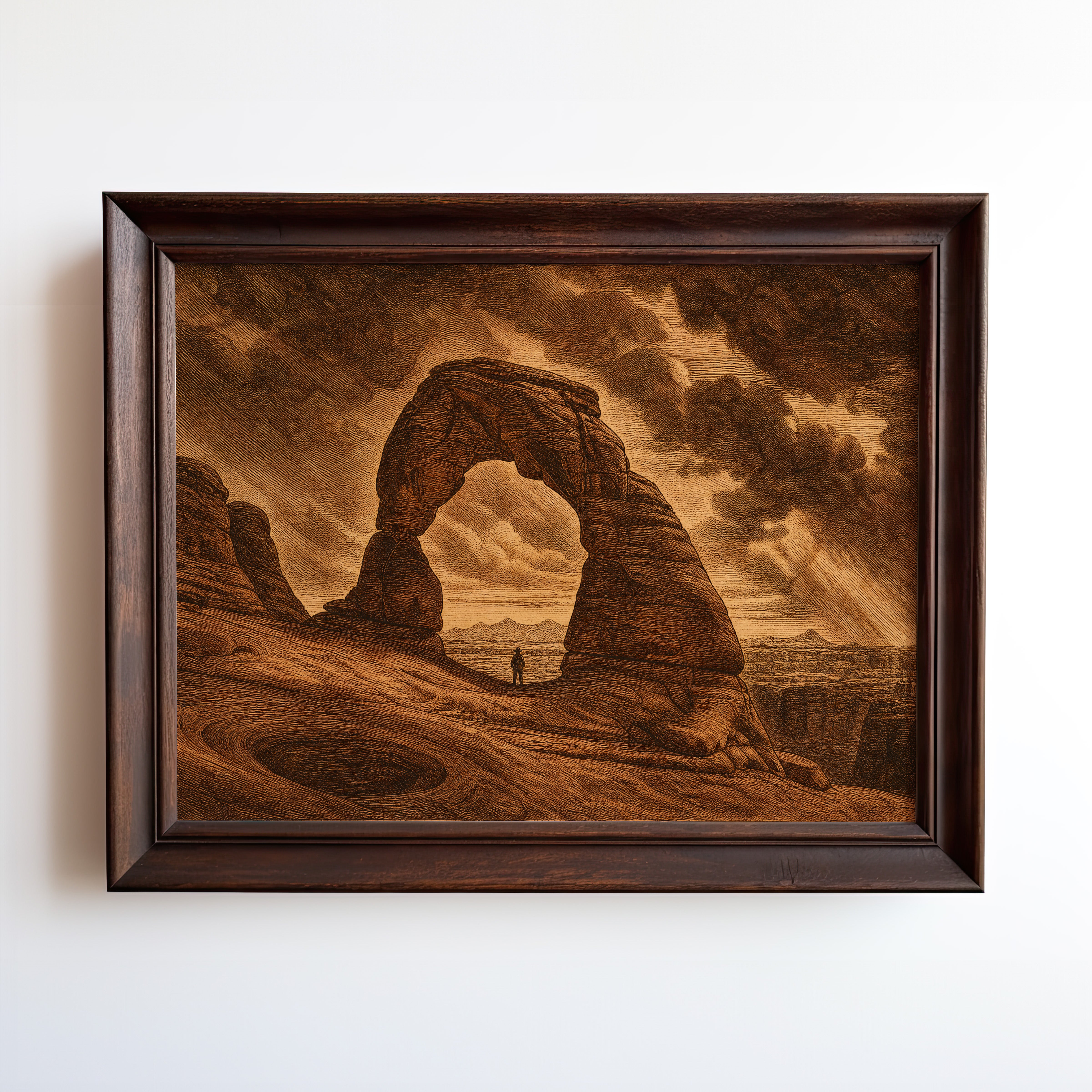 Vintage etching of Delicate Arch with lone hiker in golden light, Arches National Park art