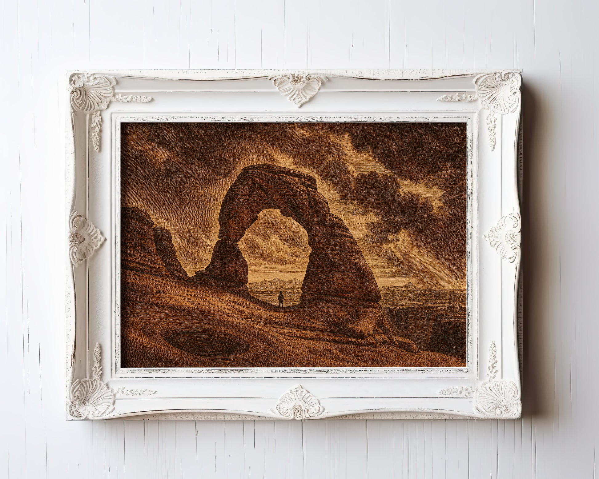 Vintage etching of Delicate Arch with lone hiker in golden light, Arches National Park art — view 3