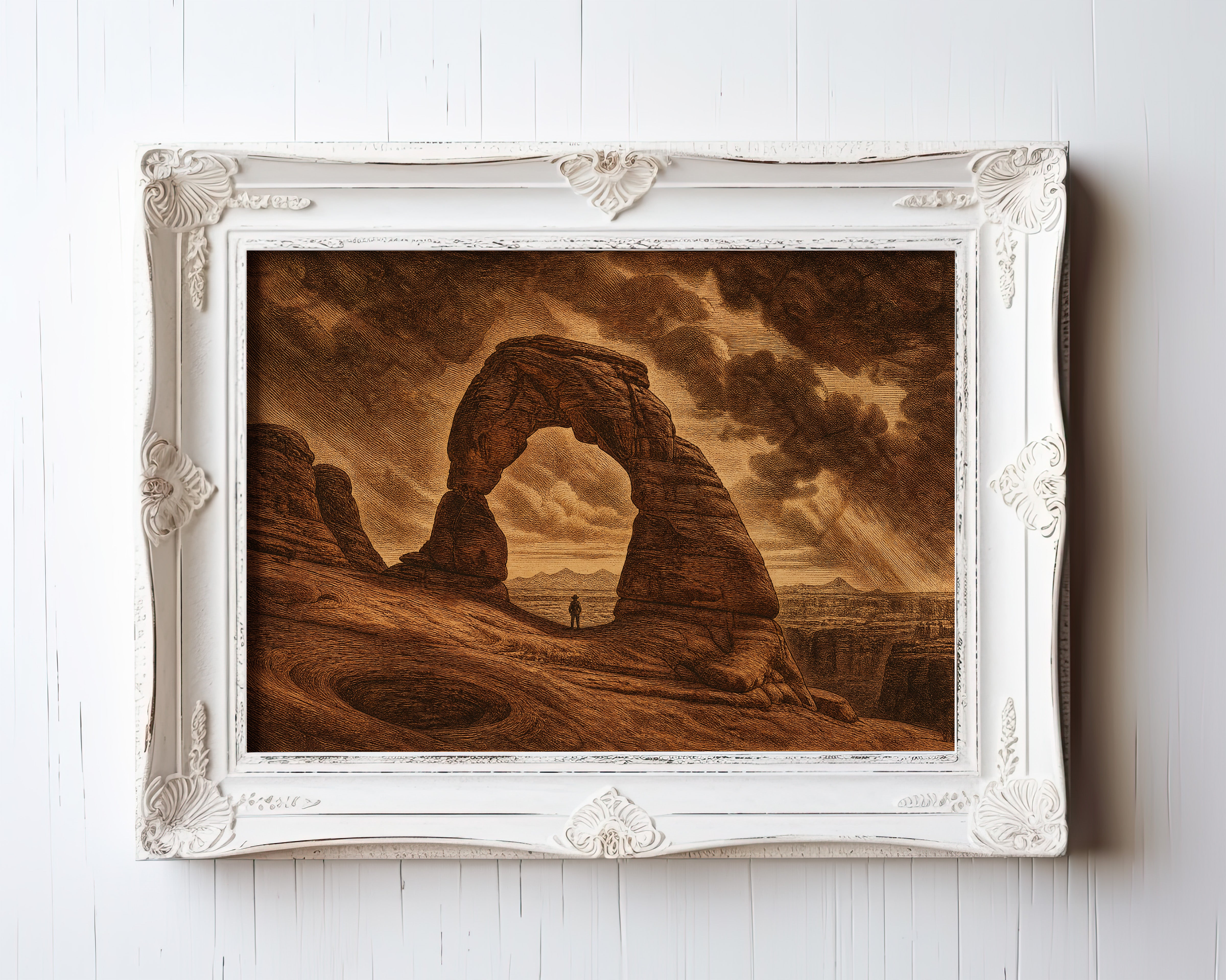 Vintage etching of Delicate Arch with lone hiker in golden light, Arches National Park art — view 3
