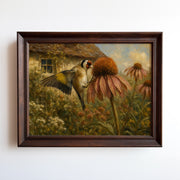 Oil painting print of a crane feeding among coneflowers beside a weathered stone cottage