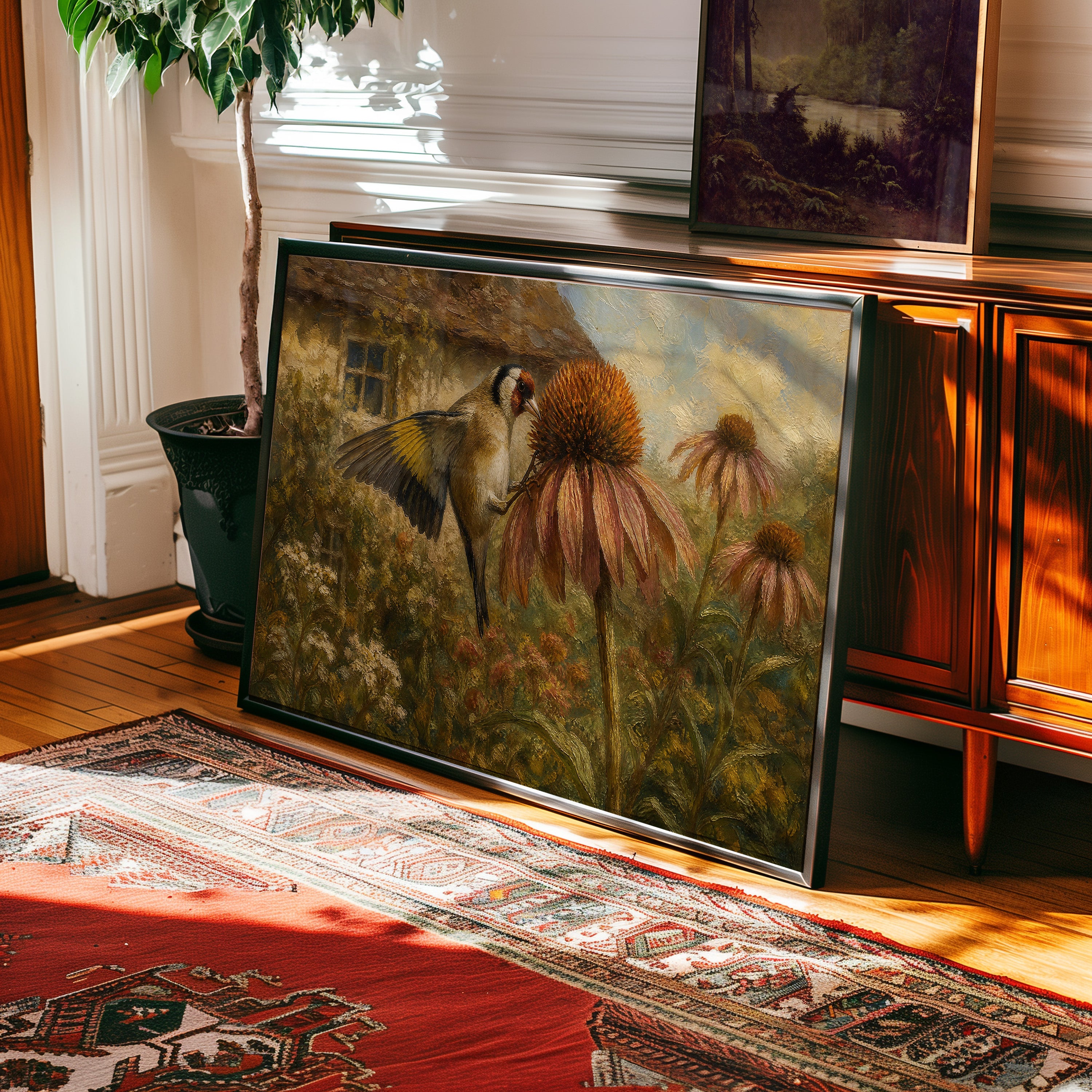 Oil painting print of a crane feeding among coneflowers beside a weathered stone cottage — view 2